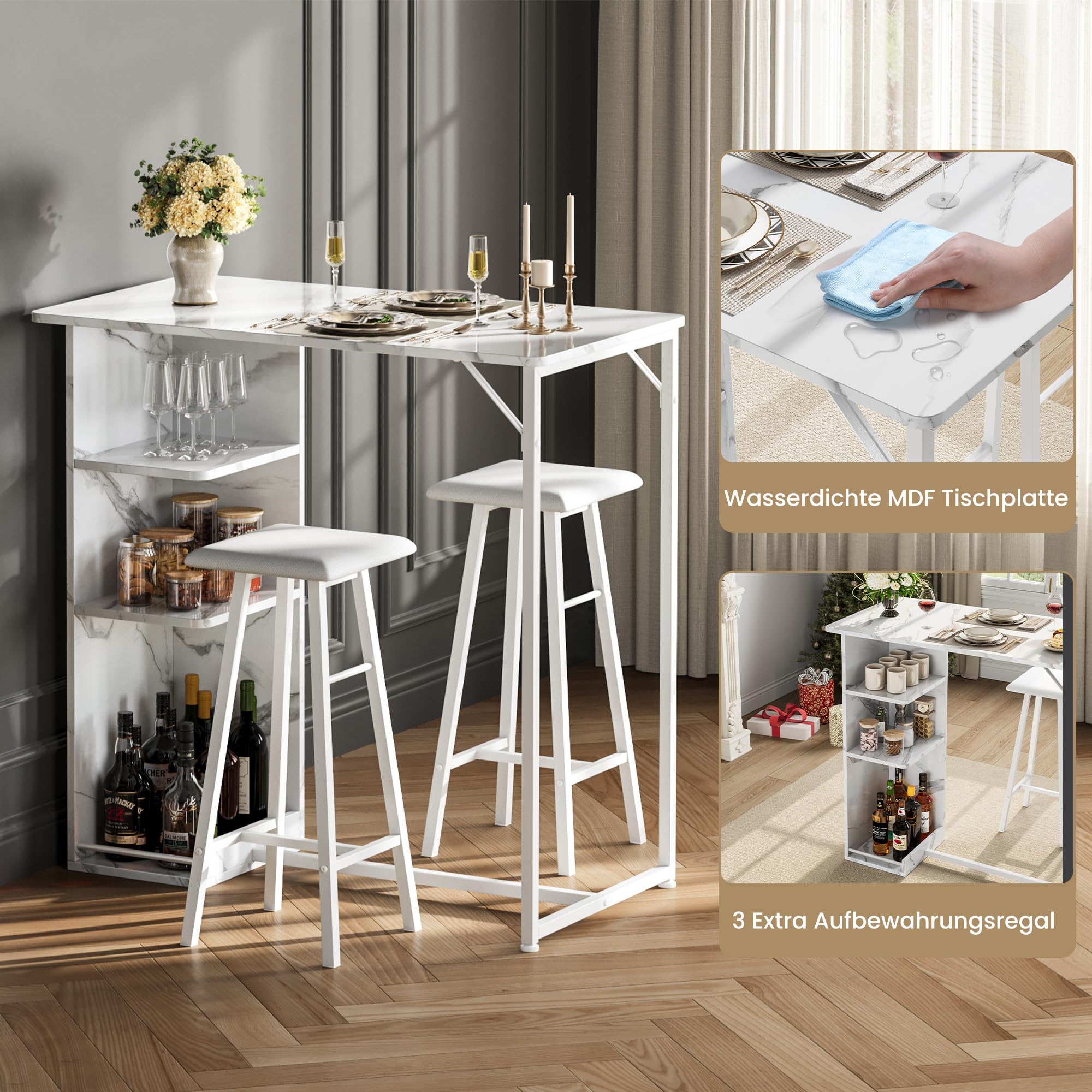 Litake Bartisch Set, Tresentisch mit 2 PU Barhocker, Esstisch Stehtisch mit Weinglashalter & Ablage, Küchentisch im Industrie-Stil, Stehtisch für Bar, Bistro & Wohnzimmer,Marmor Weiß