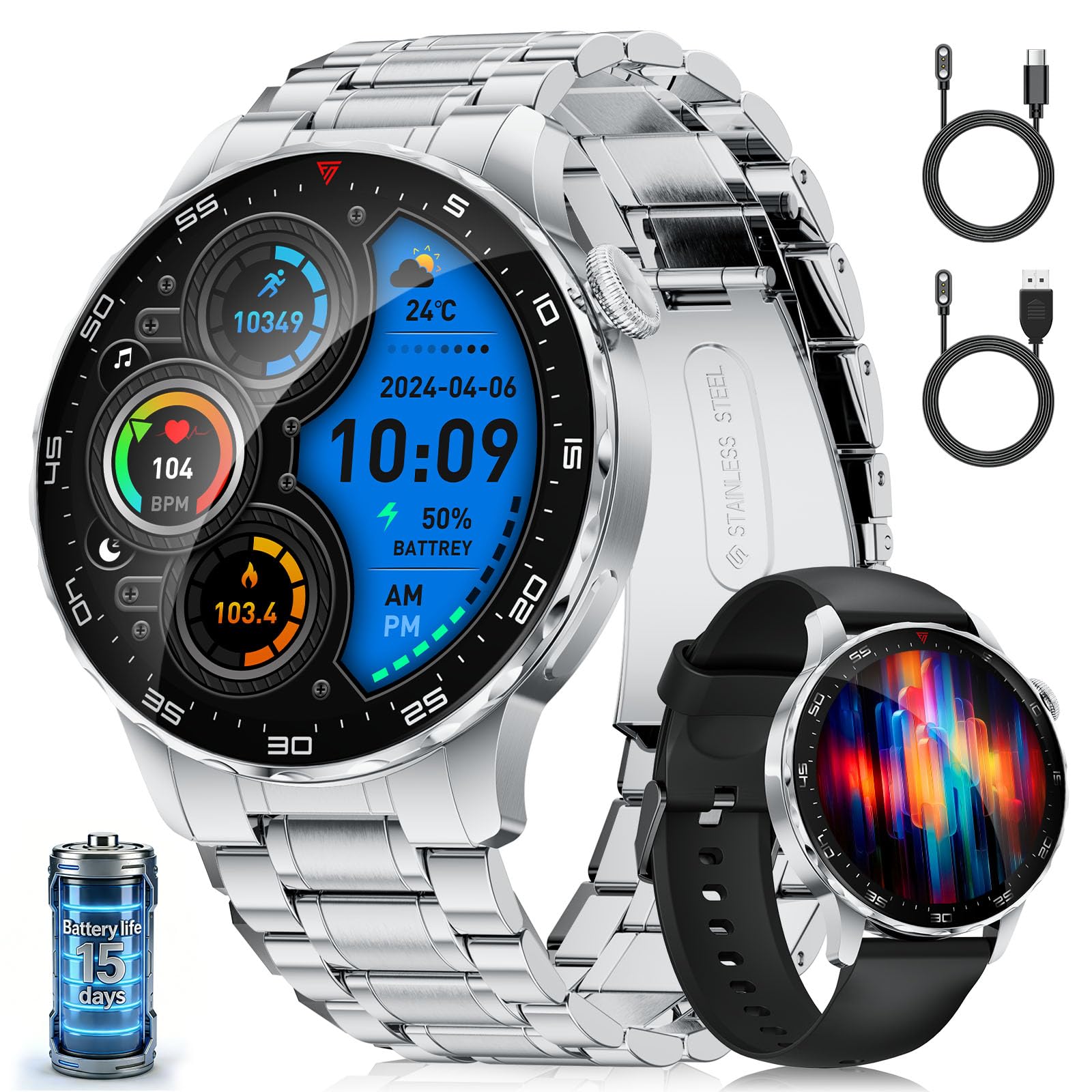 Smartwatch Uomo,1.43" AMOLED Orologio Smartwatch Uomo con Chiamate Bluetooth,123 Modalità Sportive,Monitoraggio Frequenza Cardiaca e Pressione,Cassa Acciaio Inox,per Android iOS(SML21-D)