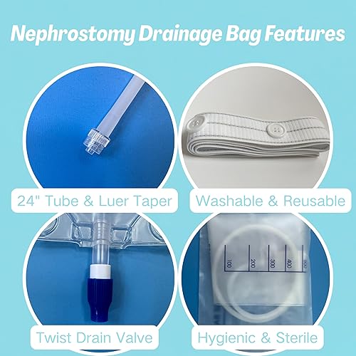 Miniatura 6 de Paquete de 3 bolsas transparentes de nefrostomía de 24 pulgadas (20.3 fl oz), bolsa de drenaje de orina con tubo de 24 pulgadas y válvula de drenaje