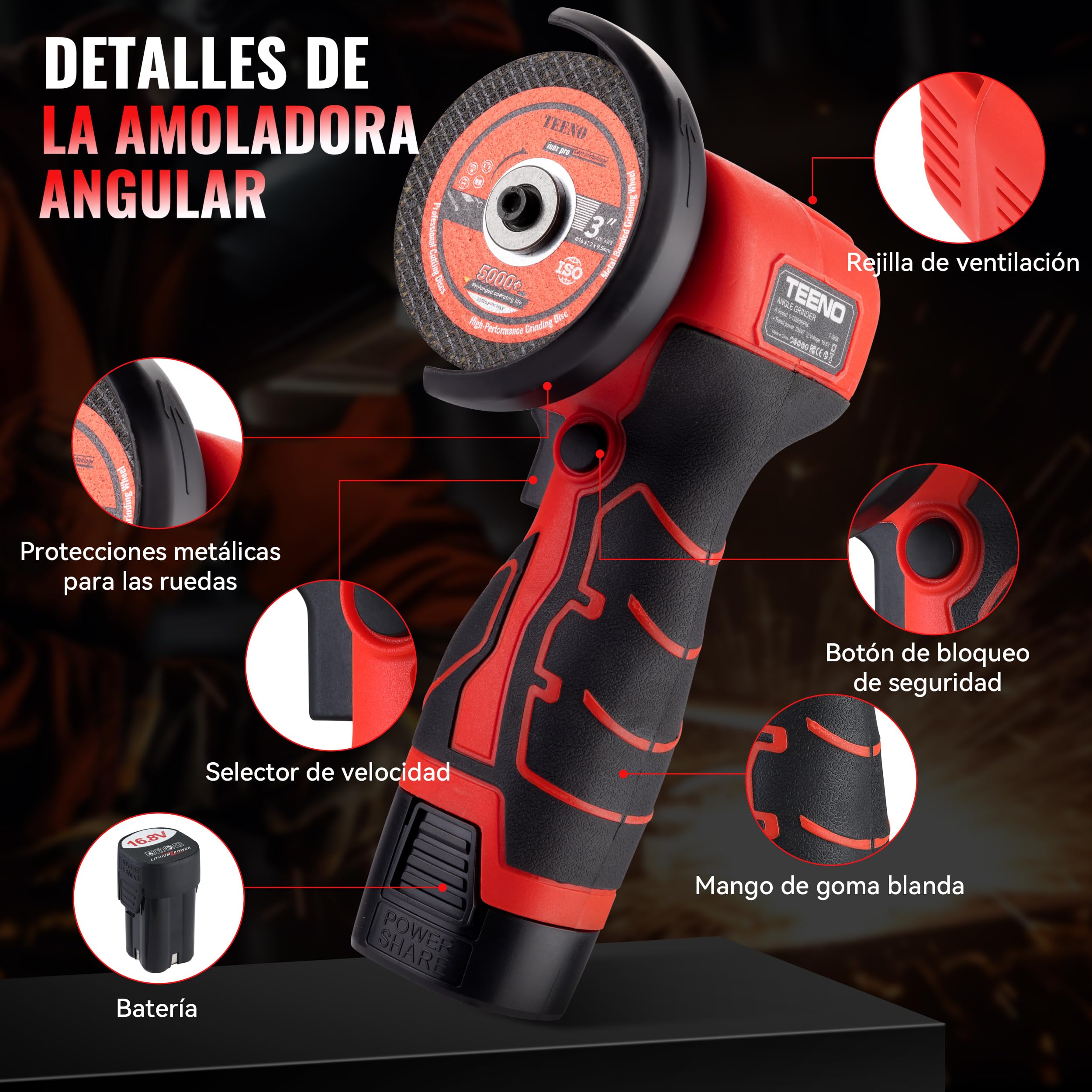 TEENO Mini Amoladora Angular Inalámbrica 16,8V, Radial de Batería 76 mm 19.500 RPM, Kit con 2 Baterías 2000 mAh, Cargador, 6 Discos y Maletín, para Cortar, Lijar y Pulir
