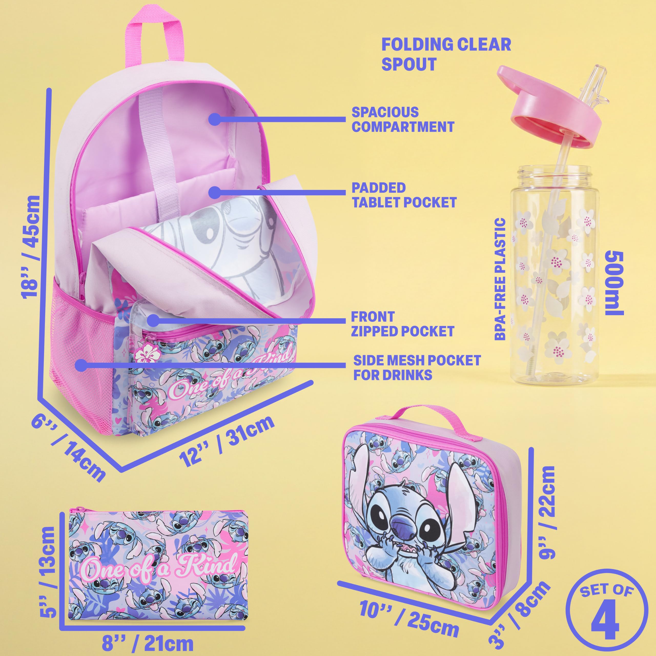 Get Trend Disney Stitch Grande Mochila Escolar Niña Set 4 Piezas, 46 cm Mochila Infantil con Botella Agua 500 ml, Estuche Escolar y Bolsa Termica Porta Alimentos para Colegio (Multi Stitch)