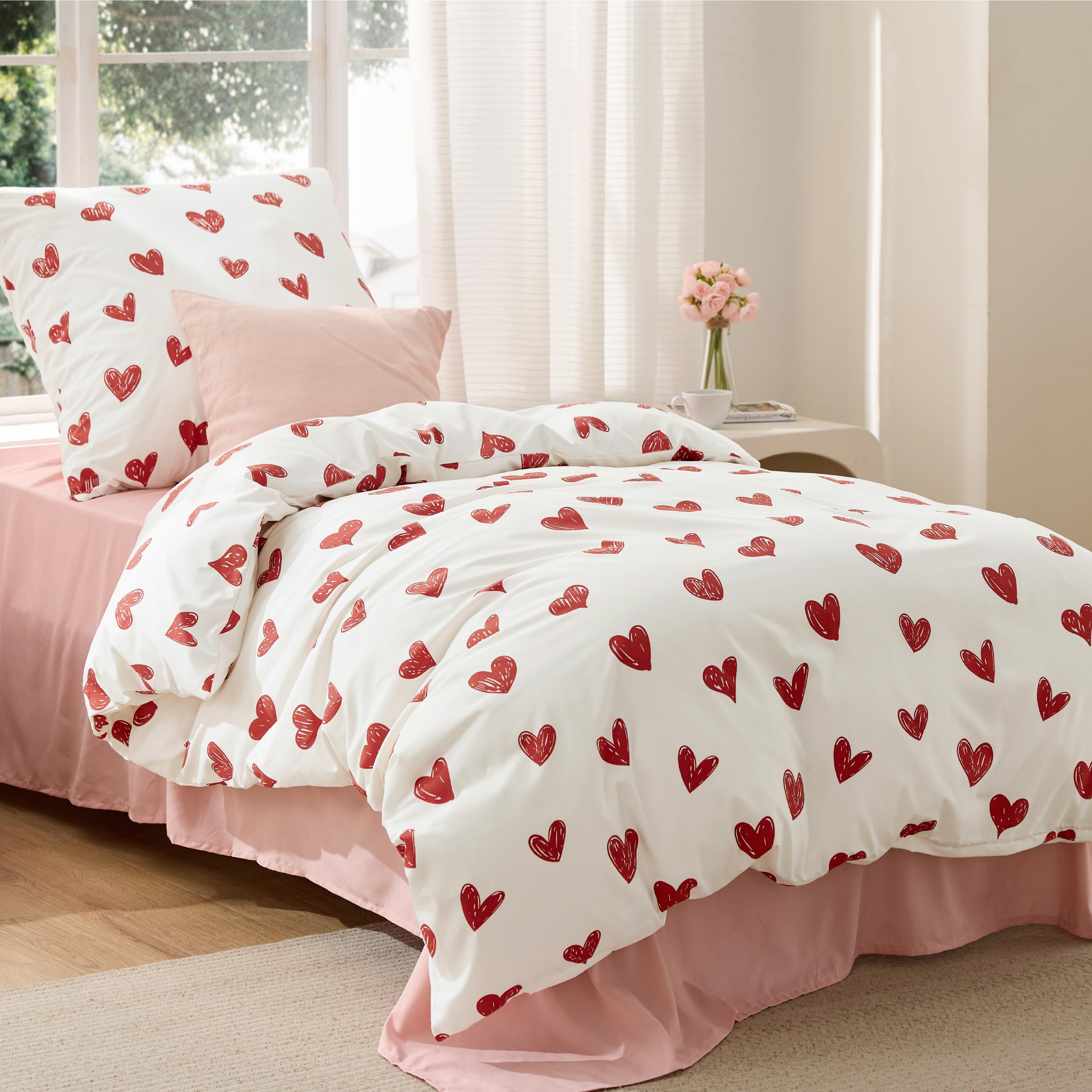 BEDSURE Bettwäsche 135x200 2teilig Herzen - Bettwäsche-Sets Weiß Bettbezug 135 x 200 mit 1 Kissenbezug 80x80 cm, Oeko-TEX Bedding Muster Rot Herz mit Reißverschluss