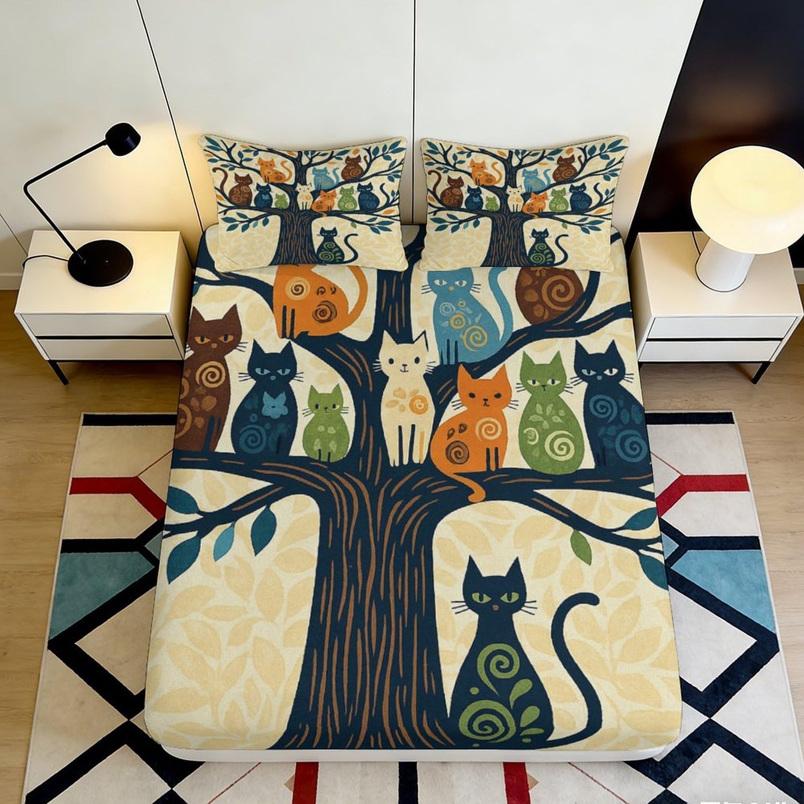 3D Printed Colorful Cat Tree Fitted Sheet Microfiber Soft Anti-Slip Mattress Cover Machine Washable Bedroom Decor 180x200x25cm