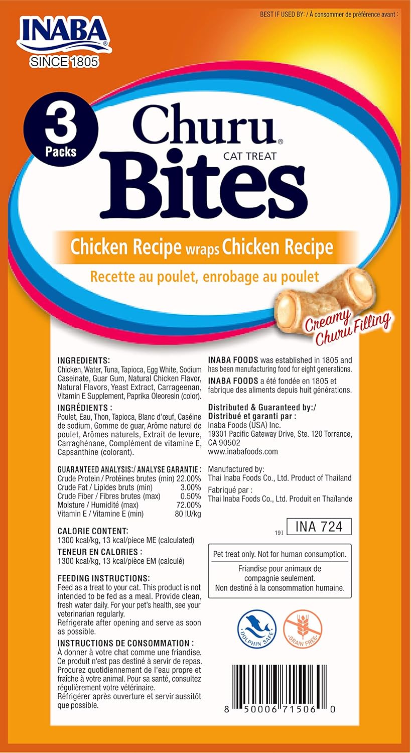 INABA Churu Bites for Cats, GrainFree, Soft/Chewy Baked Chicken