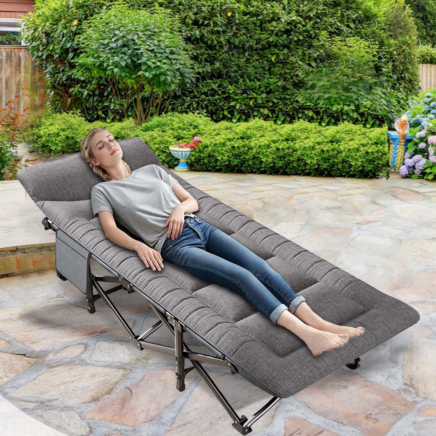 Cama plegable de camping con colchón, cama de invitados con bolsa de transporte y bolsillo lateral, 65 x 190 cm, soporta 200 kg, cama plegable para adultos, jardín, viajes, exterior e interior