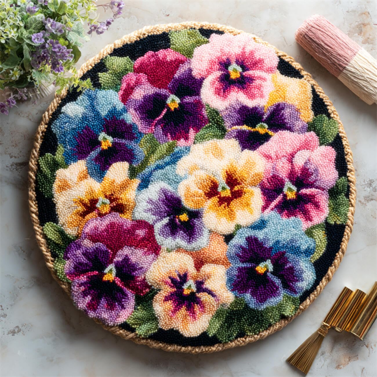 Kitquiver Flowers Rug Making Kits Fantasy Pansy Flowers Latch Hook Kit for Beginners，Tapestry Carpet Latchs Set for Adults Self Knotting Set DIY Craft Kits 80x80cm