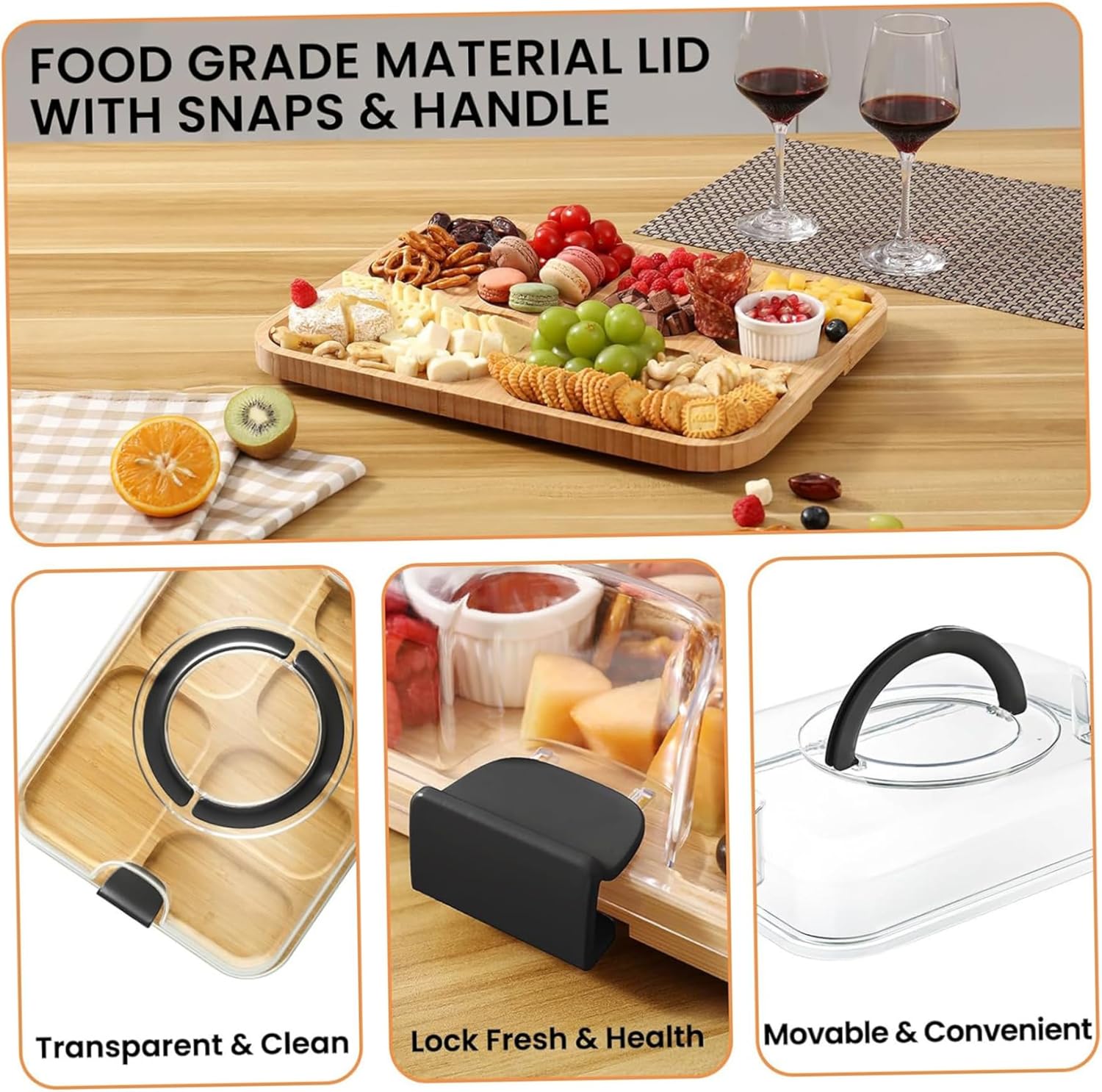 Charcuterie Board with Lid, 41.9x33cm Bamboo Charcuterie Boards with Clear Lid Handle, 6 Compartments Serving Tray, Portable Cheese Boards for Kitchen Food Snack