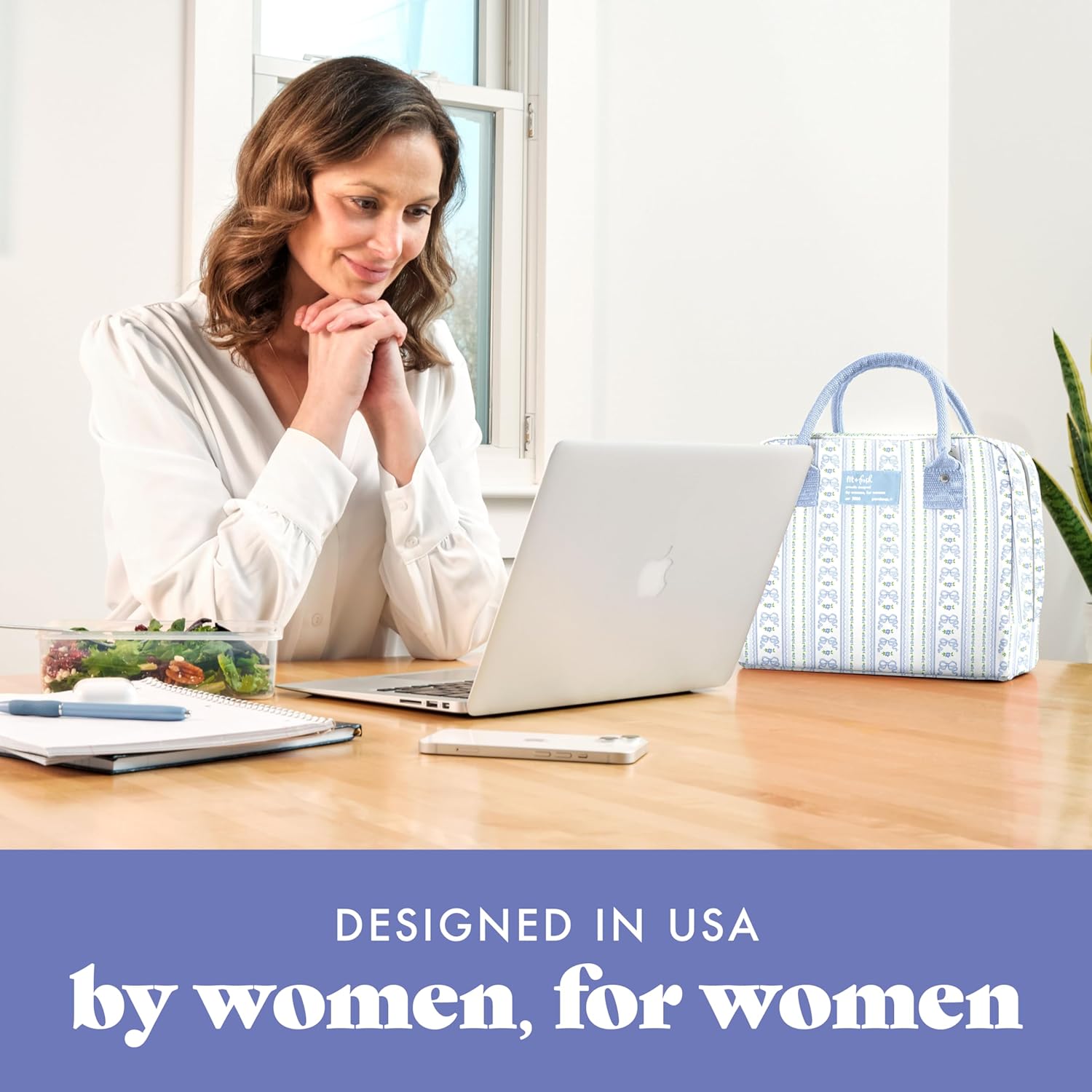 Fit & Fresh Bloomington Lunch Bag for Women - Insulated Large Lunch Box for Work with Containers, Leak-Resistant, Stain-Resistant, Zipper Closure, Blue Wallpaper Bows - Image 6