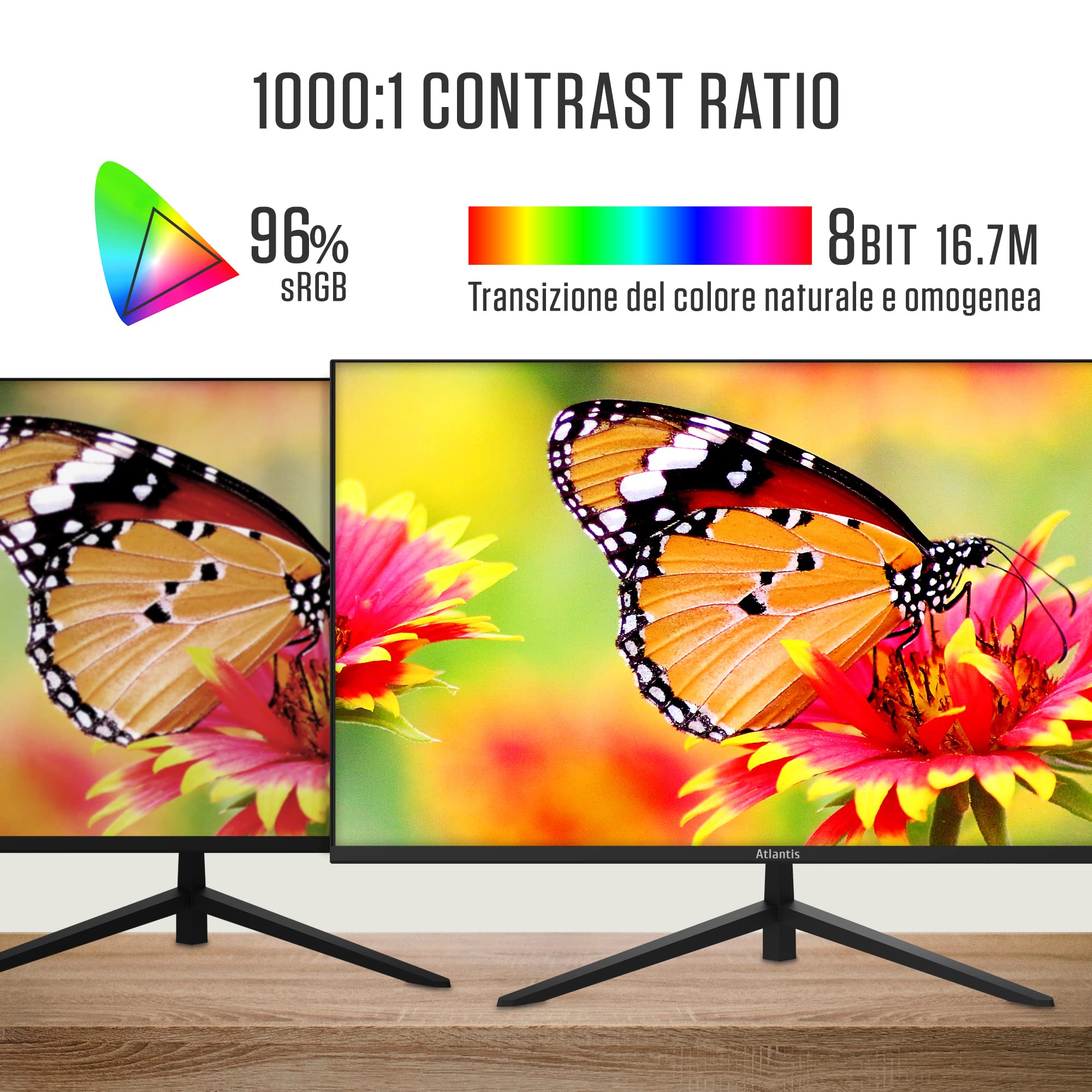 Atlantis Monitor 24 pollici, schermo 24" IPS 75Hz, Full HD 1920x1080, VGA HDMI, MULTIMEDIALE, FreeSync, Uscita Audio/Cuffie, inclinabile, risposta 5ms, Contrasto 1000:1, Angolo 178/178, Cavo HDMI 1,5m