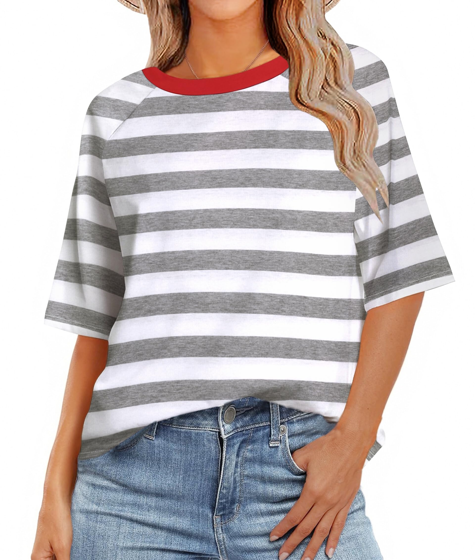 Zeagoo Womens T Shirts Summer Casual Oversized Crewneck Loose Fit Short Sleeve Striped Tops Fashion Comfy Basic Tee Blouses