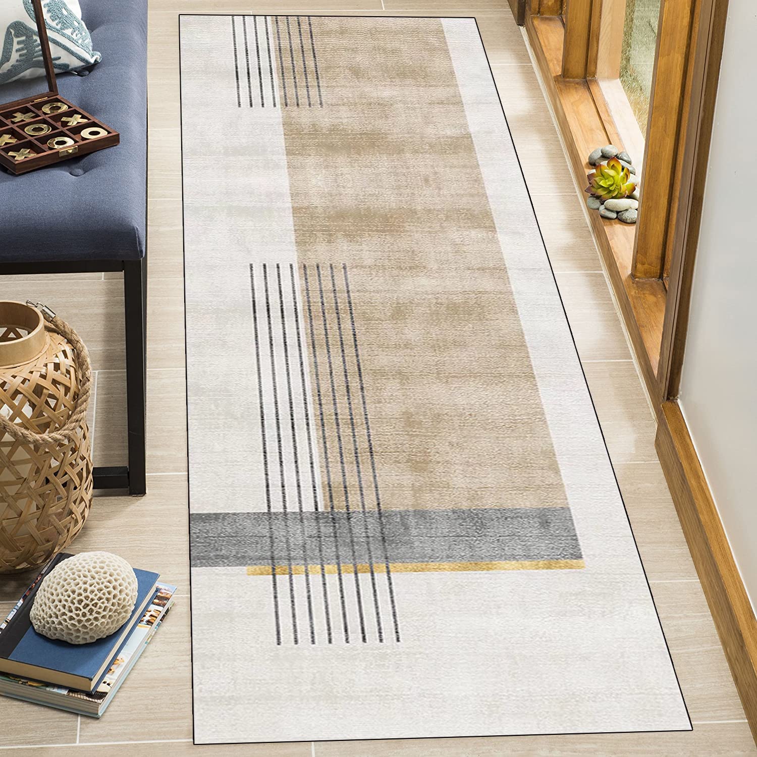 Teppich Läufer Flur Küche Beige Braun rutschfest Korridor Teppichläufer Waschbar Modern Schlafzimmer Wohnzimmer Läufer Teppich Breite 40cm/ 50cm/ 60cm/ 70cm/ 80cm/ 90cm/ 100cm