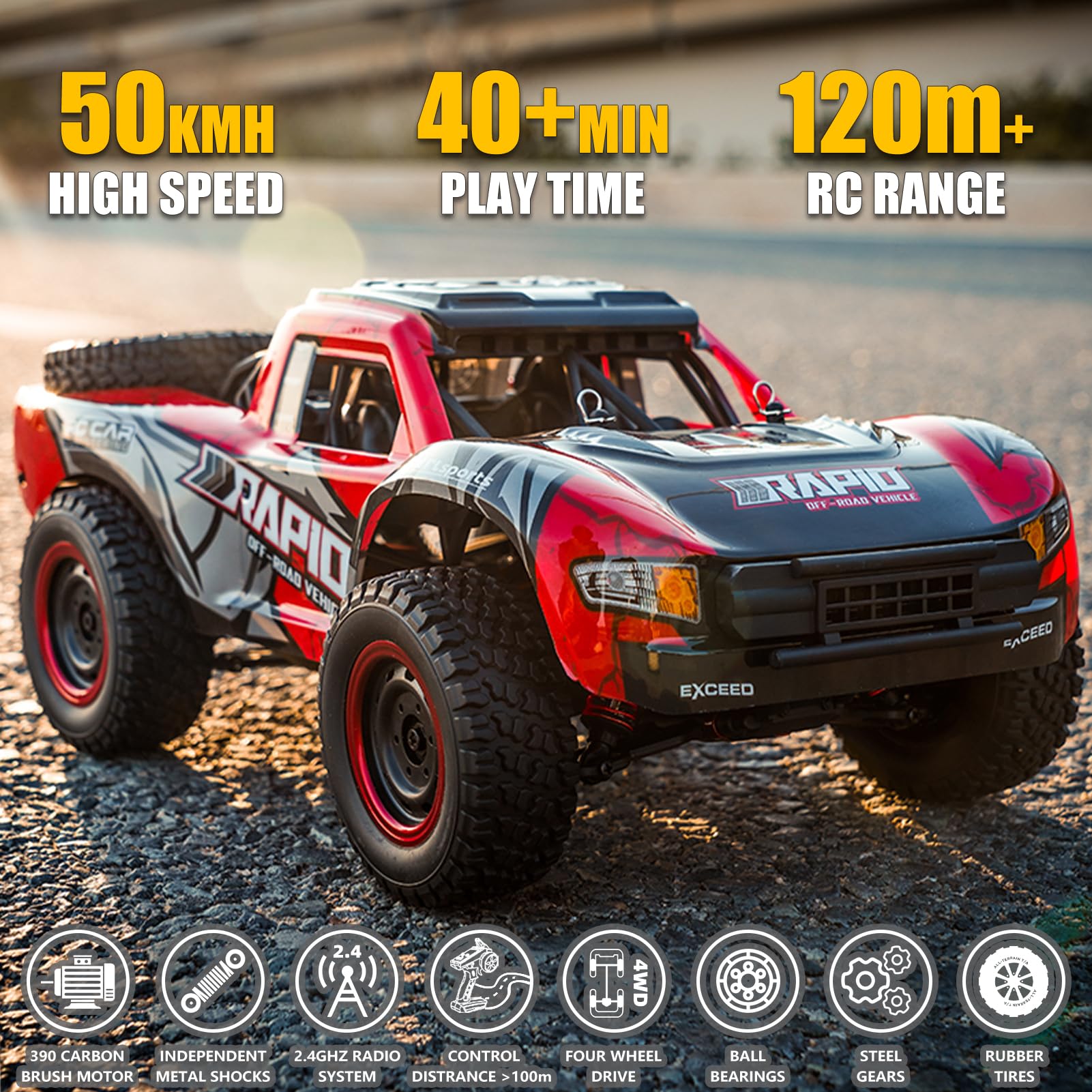 Yidedraw RC Cars 1:14 RC Truck 30 MPH 4WD Remote Control Car All Terrain Trophy Car for Adults Boys Toys Fast Red Off-Road RC Buggy Big Short Course Monster Truck with 2 Batteries (RTR)