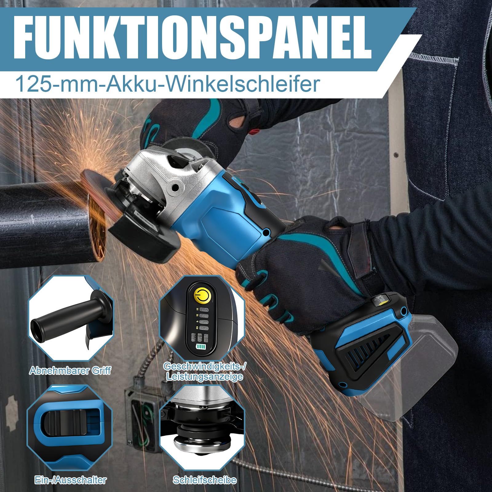Akumulatorowa szlifierka kątowa do Makita 18 V, szczotka, kompaktowa 9000 obr./min, z 4 prędkościami, tarcza szlifierska 125 mm z kluczem szlifierskim do szlifowania, cięcia i polerowania (bez