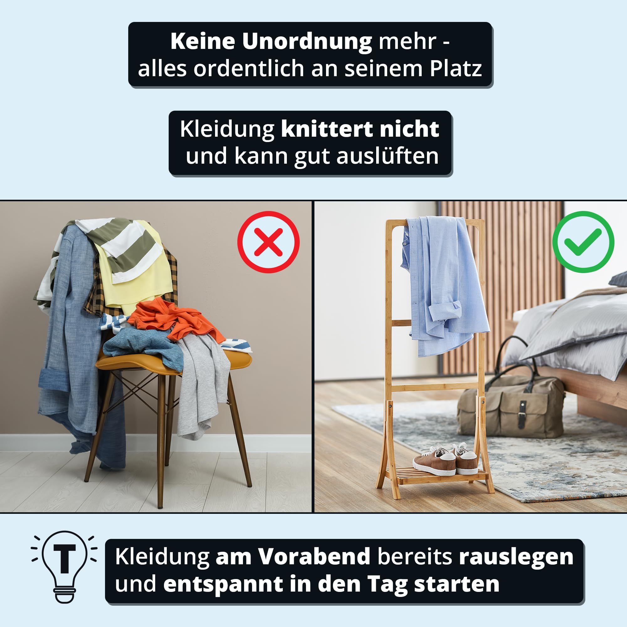 KHG Herrendiener aus Bambus Echtholz für Kleidung, Sackohalter mit Hosenbügel sowie Schuhablage, Stummer Diener fürs Schlafzimmer 104x40x28 cm