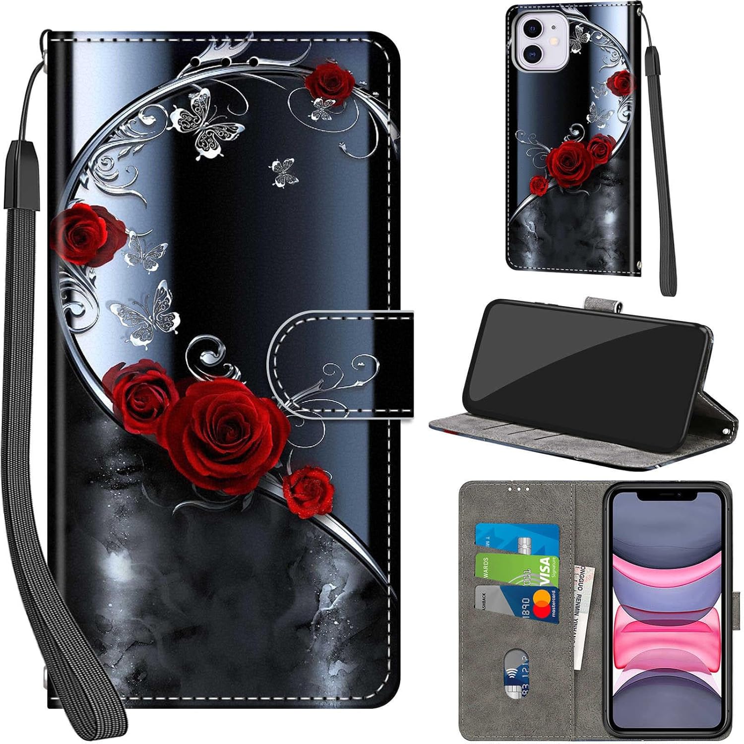 Case Wallet for iPhone 11, [Kickstand] 3 Card Holder Stand [Shockproof TPU Interior Shell], PU Leather Magnetic Protective Flip Cover 6.1", Rose Butterfly - Image 3