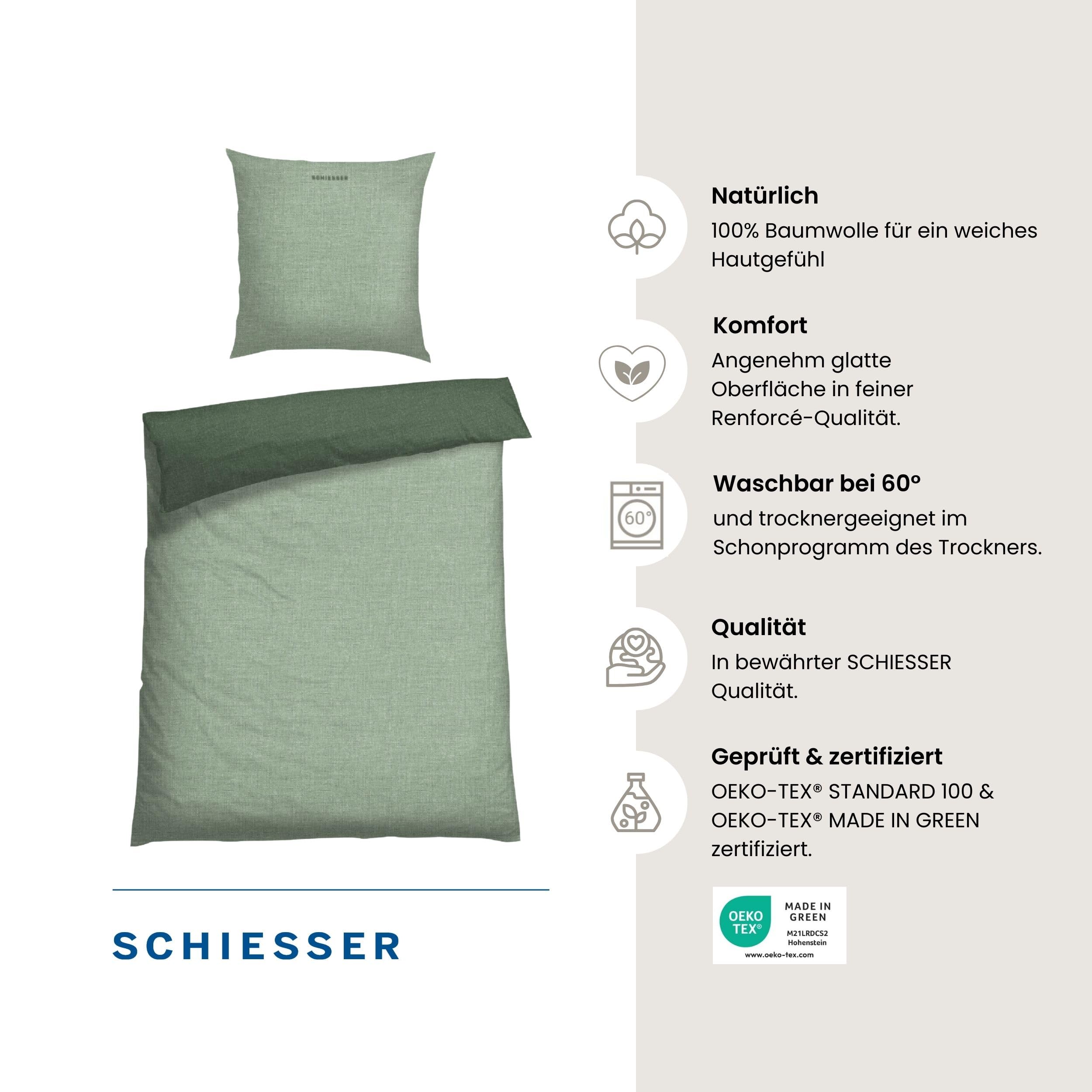Schiesser Bettwäscheset Doubleface | Renforcé | 2-teilig | Zweifarbig | 100 % Baumwolle | Oeko-Tex® Made in Green Zertifiziert | YKK Reißverschluss | 135x200cm + 80x80cm | Grün