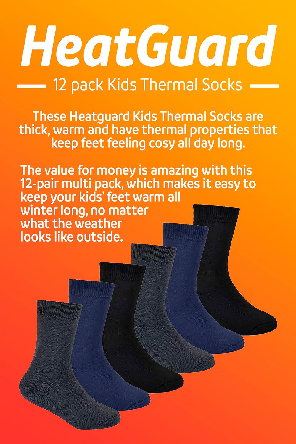 12 Pk Boys Warm Socks for Winter | Heatguard | Thick Cozy Thermal Socks for Kids