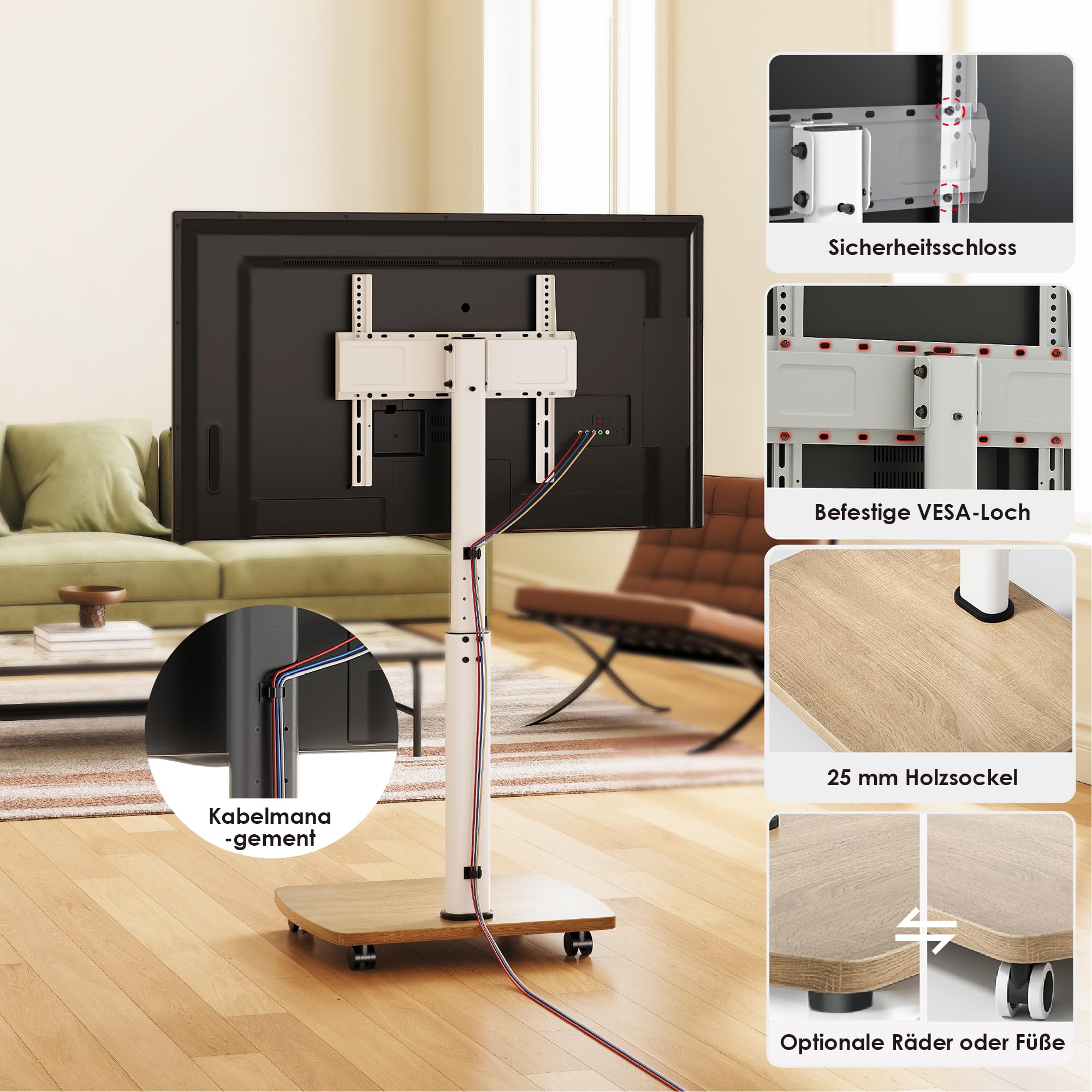 AOKCOS TV Ständer Rollbar mit Holzablage, Fernsehständer auf Rollen für 32-65 Zoll, Höhenverstellbar Schwenkbar, bis 40 kg, VESA 400x400mm (Weiß+Natur)