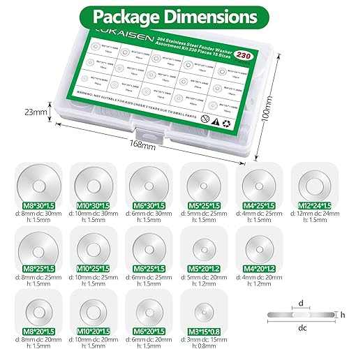 Miniatura 7 de Juego de 230 arandelas planas grandes, kit surtido de arandelas planas de acero inoxidable 304, 15 tamaños M3M4M5M6M8M10M12, arandelas redondas