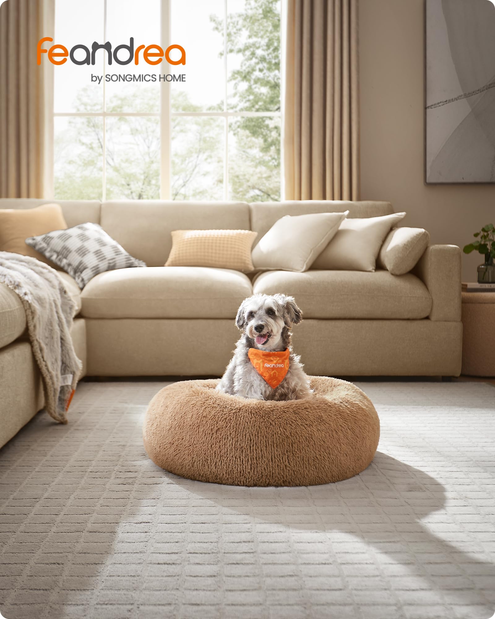 Feandrea Cuccia Cane Interno, Cuccia per Cani, Lettino per Animali Domestici a Ciambella, Cuscino Sfoderabile e Lavabile, Tappeto di Peluche, Diametro 70 cm, Marrone Cammello PGW039K01