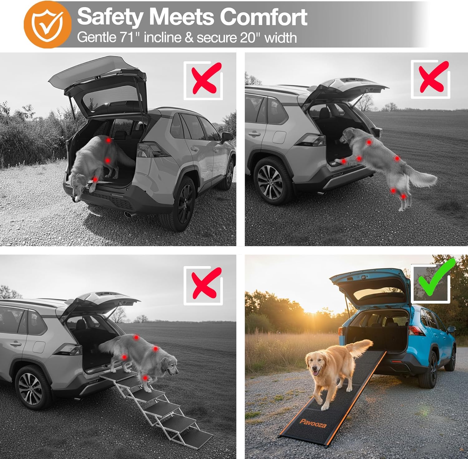 71"×20" Extra Wide Dog Ramp for Car, SUV & Truck – Folding Aluminum Pet Ramps for Large Dogs up to 250 lbs, Non-Slip Surface & Glow Edges, Foldable Portable Ramp for Side Door or Porch Steps