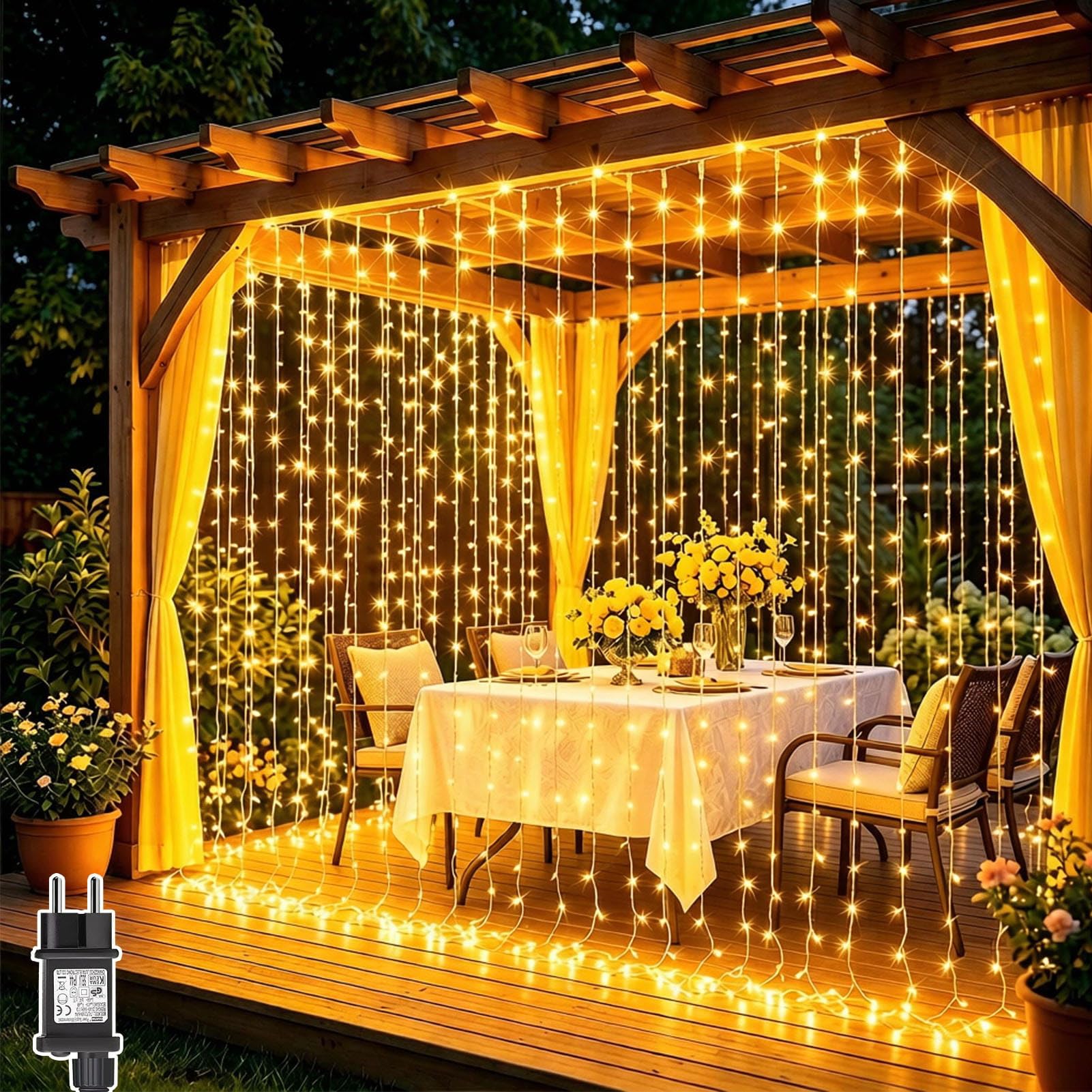 Cortina de Luces con Enchufe, 3Mx3M 300LED Blanco Cálido, 2 Piezas | IP65 impermeable, 8 modos, temporizador, guirnalda, cascada de luz para interior, exterior, balcón, boda, fiesta y jardín