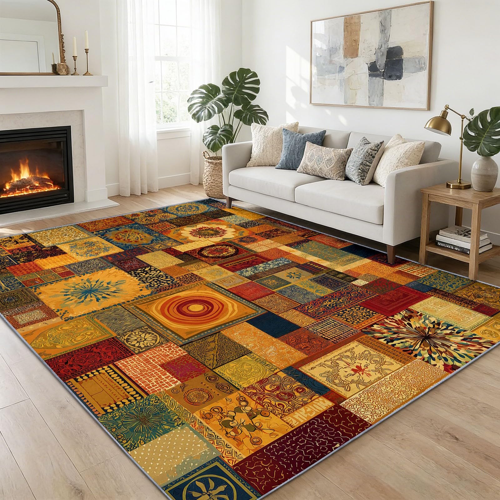 Tapis Antidérapant Salon Ethnique Patchwork Design, Tapis Bohème Vintage Doux Lavable en Machine, Tapis Poil Ras Agréablement Étre pour Cuisine Chambre Salle à Manger, Brun 160 x 230 cm