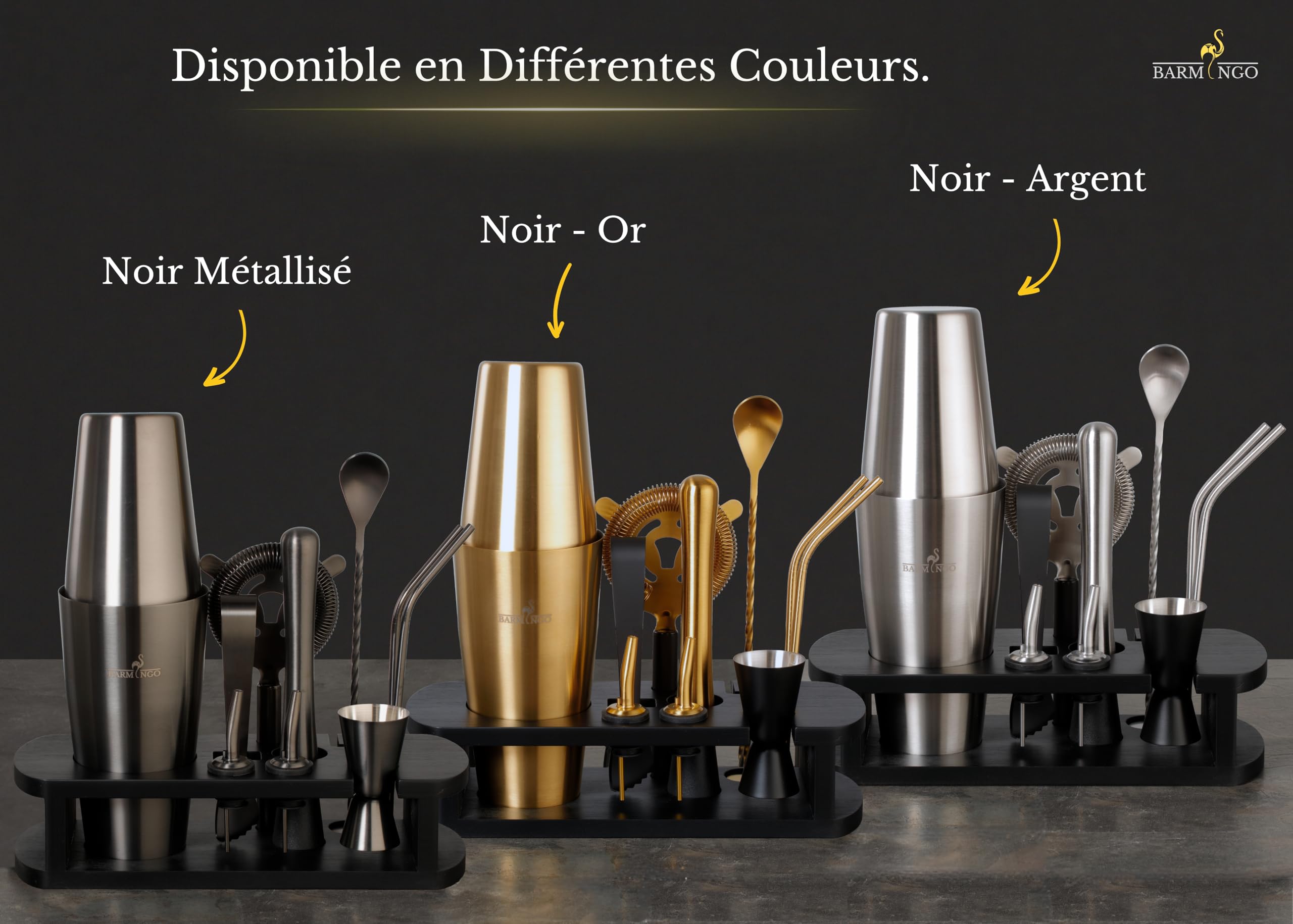 Boston Shaker Cocktail Kit | 11 Pièces, Volume de 825 ML, Noir Métallisé | Shaker Cocktail INOX avec Support et Accessoires de Bar |Set Barman Cocktail Shaker |Kit Cocktail Professionnel