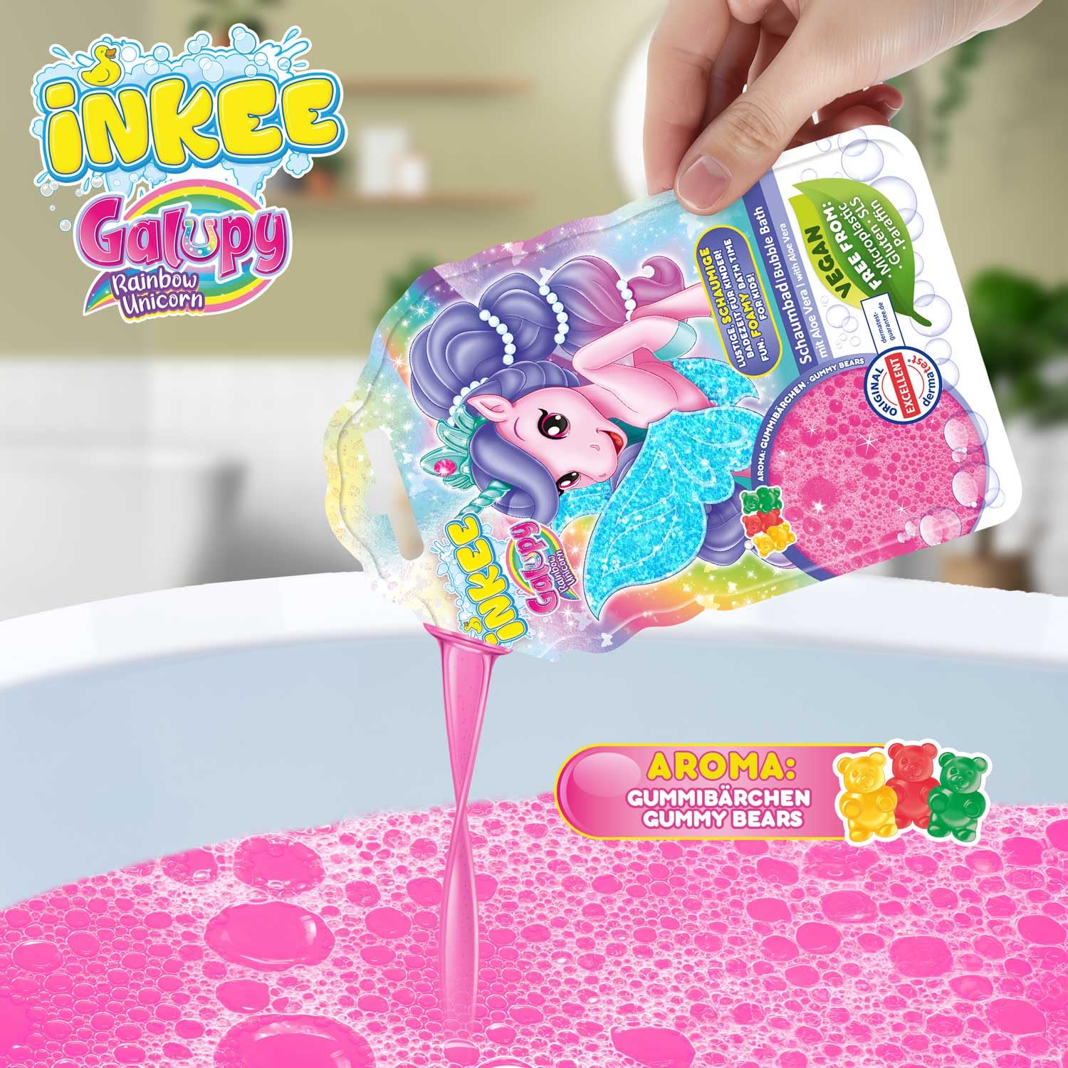 INKEE Gel de Baño Unicornio para Niños,Fórmula Suave con Aloe Vera y Aroma a Gominolas, Espuma Divertida y Cuidado Natural para Piel Sensible 15x40 gr