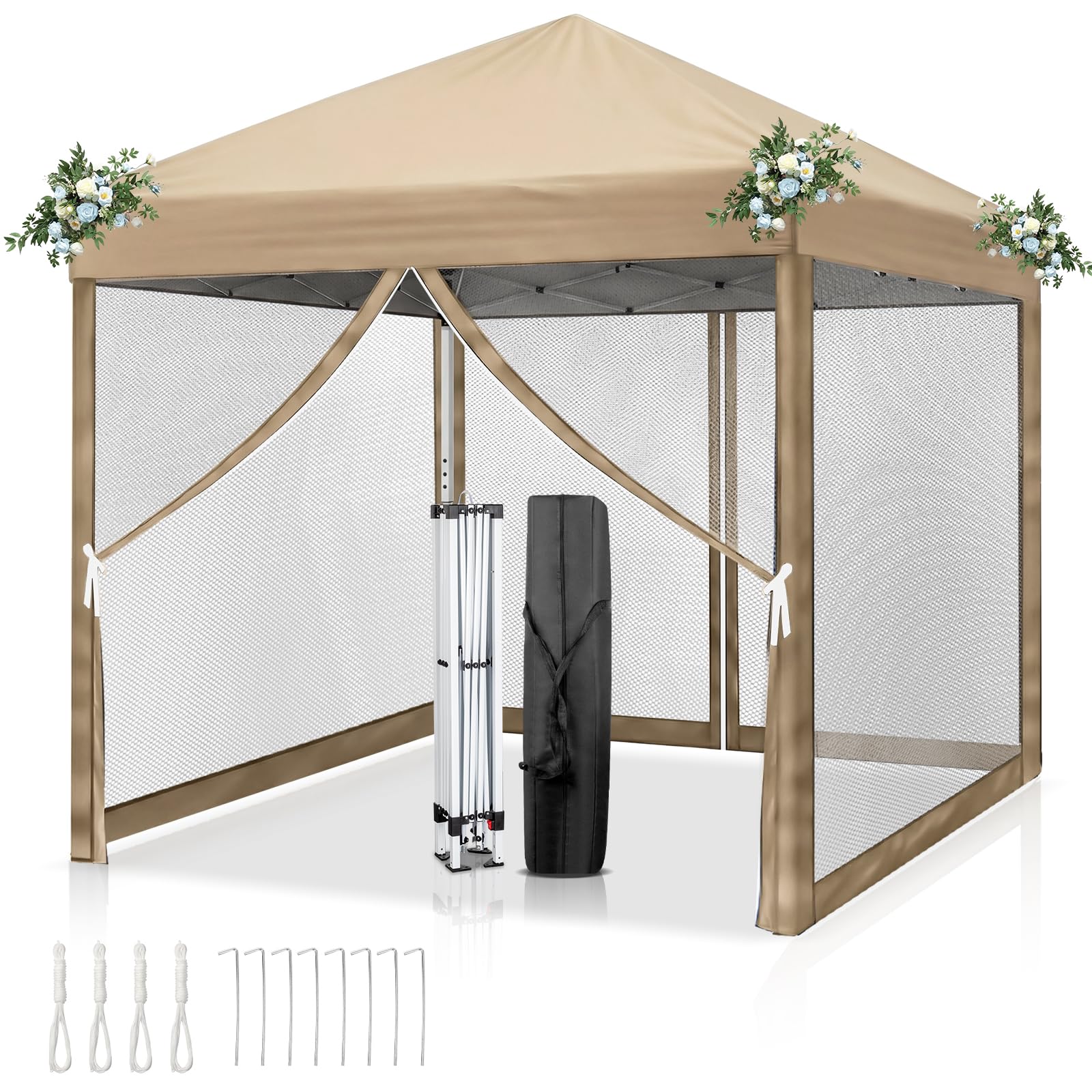 LEADZM Tonnelle Pliable 3x3 m Imperméable Anti-UV 50+, Hauteur Ajustable avec 4 Moustiquaires, Structure Stable, pour Jardin, Terrasse, Camping Et Usage Professionnel,Kaki