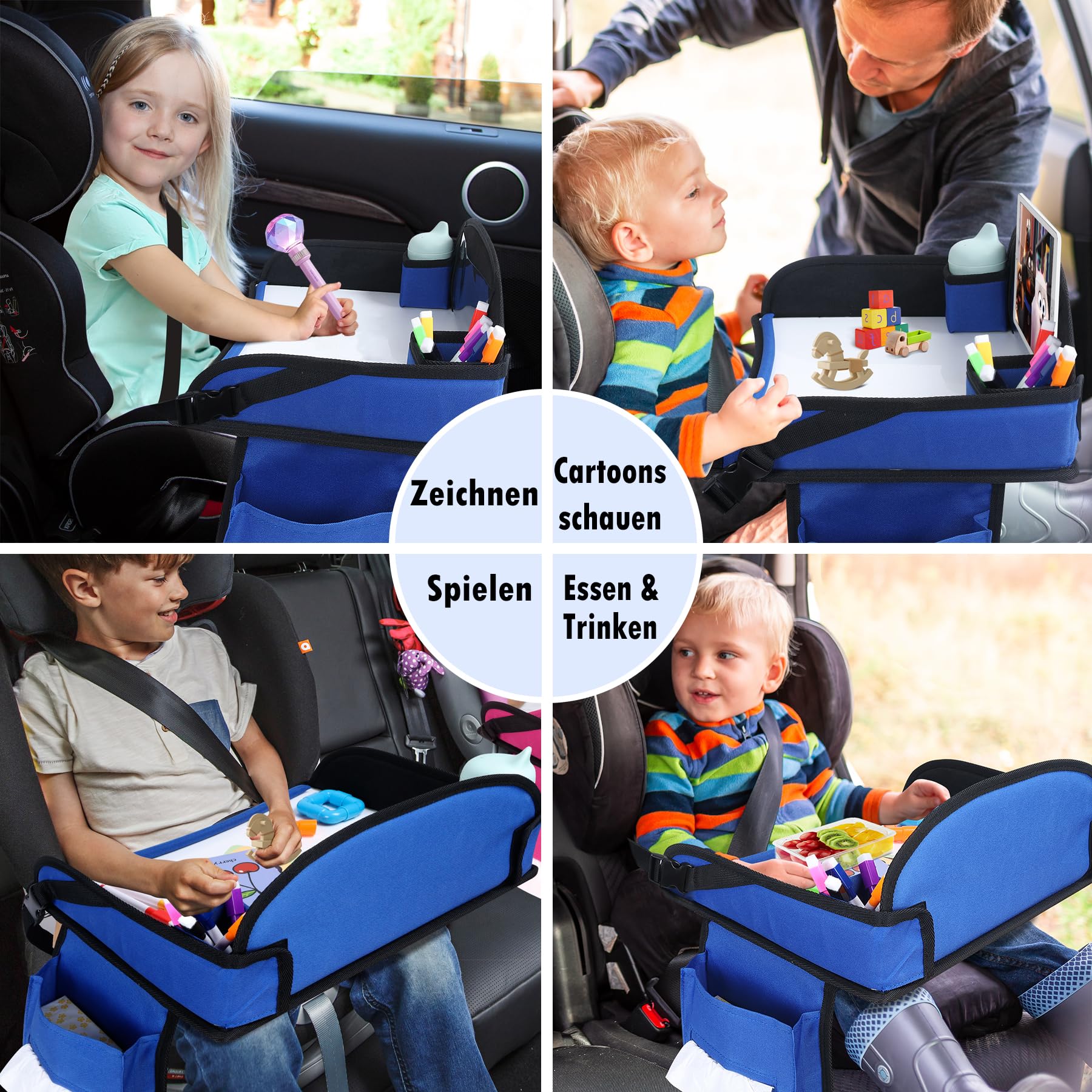 INFANZIA Table de voyage pour enfant - Plateau à genoux - Siège arrière avec crayons de couleur pour avion, train, voyage - Organiseur pliable