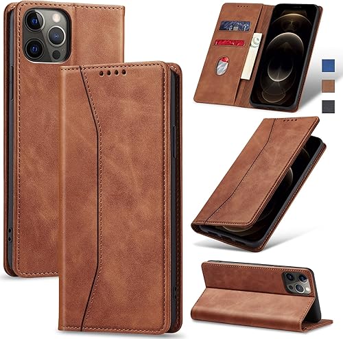 Funda tipo cartera con tapa para iPhone 12 Pro Max, funda magnética de cuero con tarjetero y función atril, funda protectora duradera de TPU a
