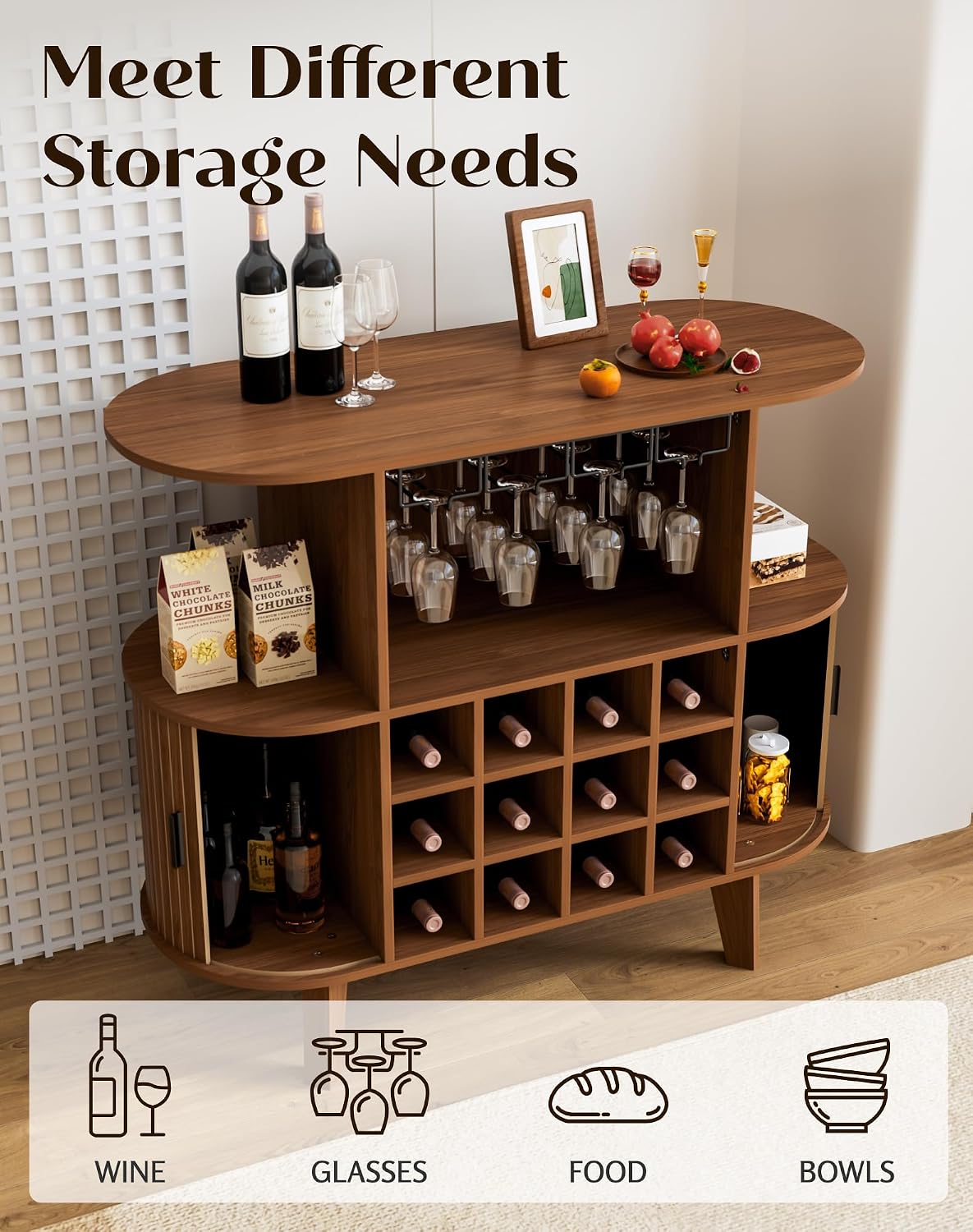 35.4" Oval Wine Bar Cabinet with 12 Racks 4 Glass Holders, Small Coffee Bar Cabinet with Sliding Tambour Door for Home, Kitchen, Living Room, Walnut