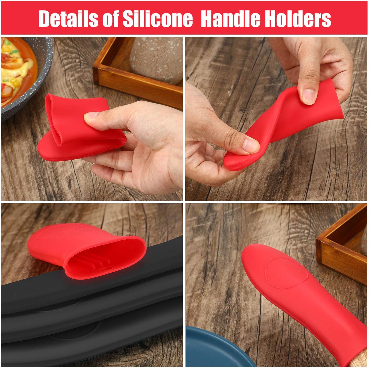 Silicone Hot Handle Cover, Potholder for Cast Iron Skillet, Rubber Heat Resistant Pot Handle Sleeve, Heat Protecting for Pans, Griddles, Metal and Handles (Black and Red, 6)