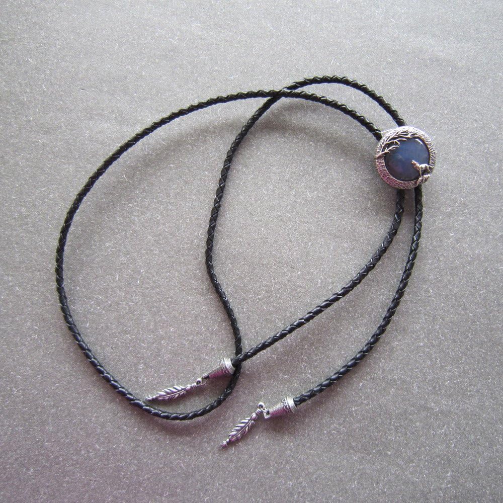 JEAN'S FRIEND Vintage Silver Handcraft Labradorite Stone Round Men Bolo Tie Each Stone is Unique