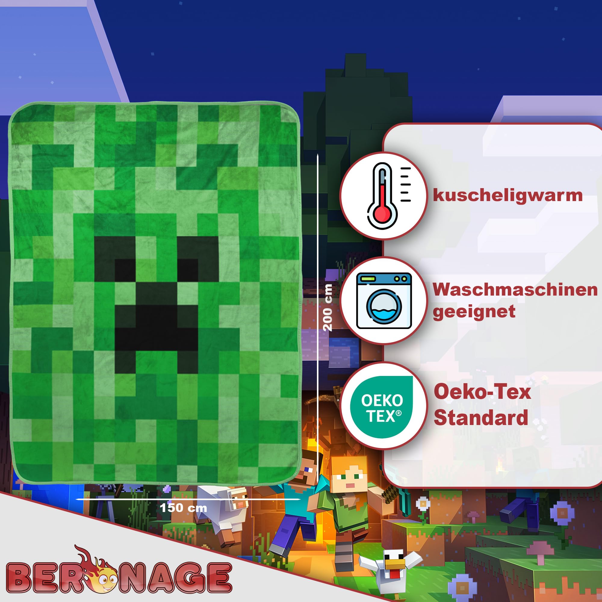 BERONAGE Minecraft Creeper - Manta para el hogar, 150 x 200 cm, 100 % poliéster, mullida, de franela de forro polar, para niños, adultos, gamer, regalo, artículo con licencia