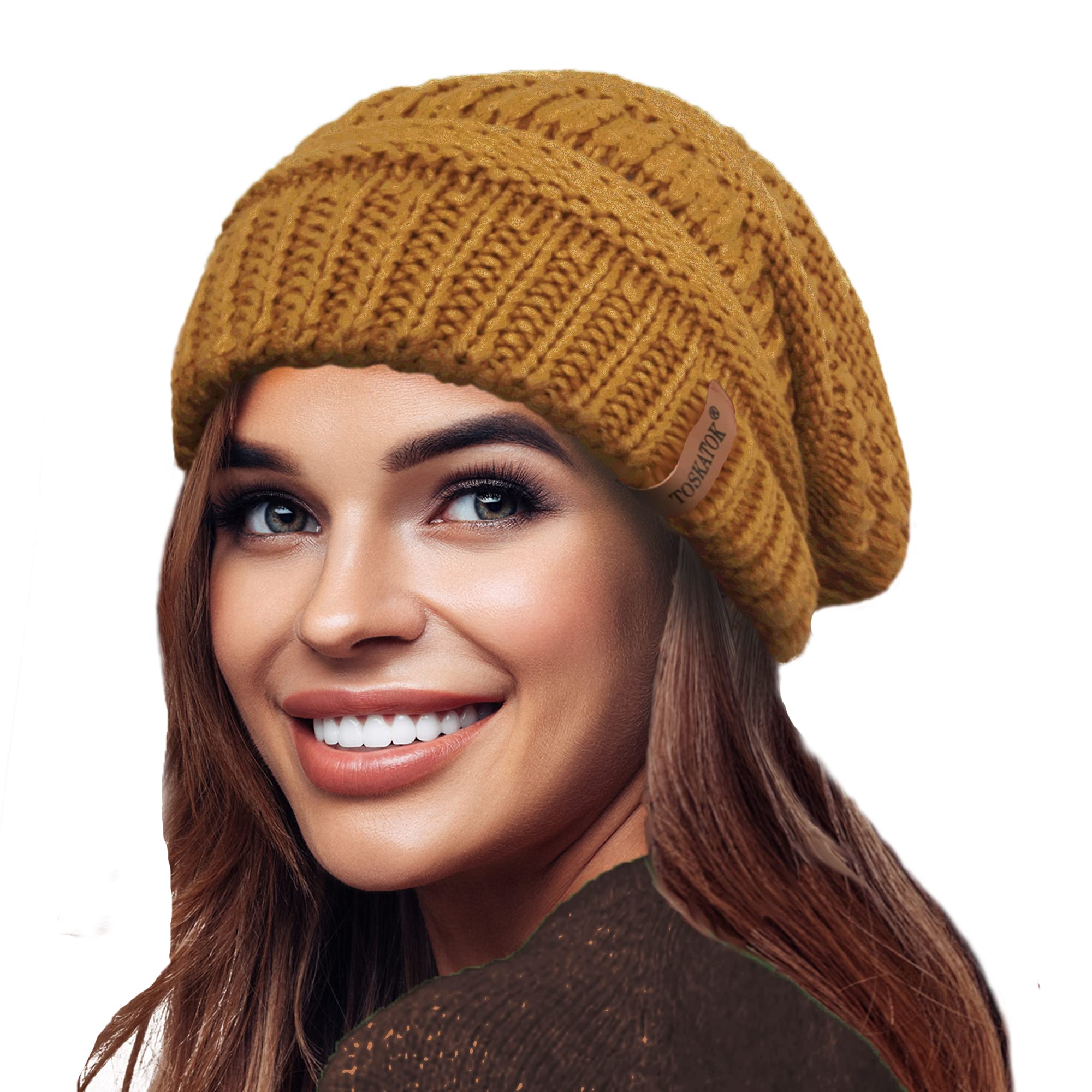 TOSKATOK Ladies Warm Slouch Knit Winter Beanie Hat with Supersoft Velour Thermal Lining ski Cap-Mustard