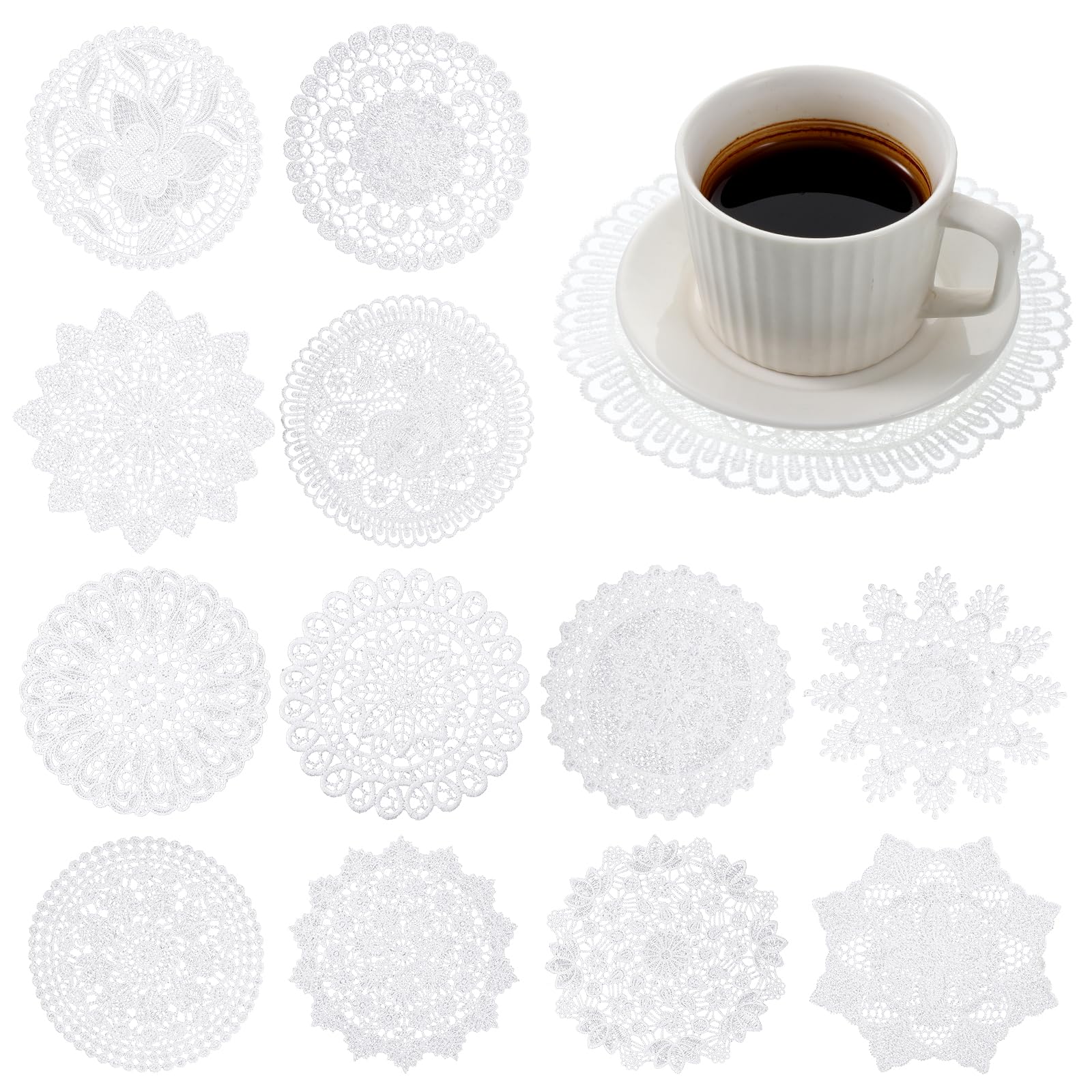 12 Pcs Lace Doilies Crochet 6 Inch Lace Doilies for Tables White Round Fabric Placemats Handmade Table Doily Decors Vintage Laces Coasters for Dining Room Kitchen Wedding Cup Decoration (12 Styles)