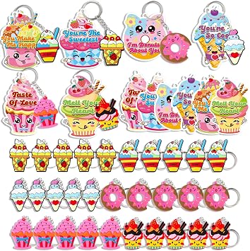 YEGEER Valentines Day Gifts for Kids Classroom, 30 Pack Dessert Keychain Toys with Valentines Day Cards, School Exchange Gift for Boys Girls