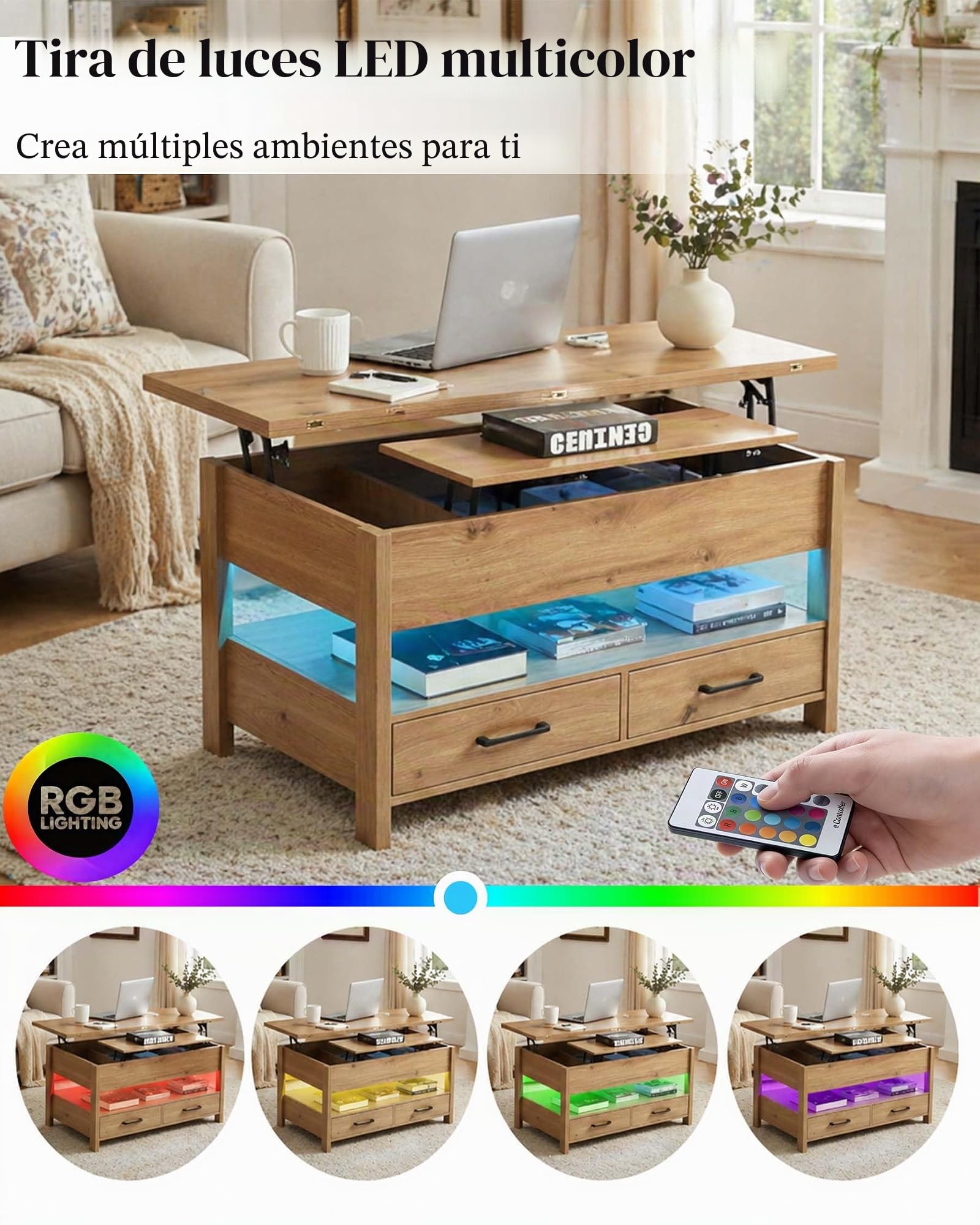 Mesa de Centro Elevable y Extensible, Coffee Table con Altura Regulable, Mesa Auxiliar Sofa con 2 Cajones, 2 USB y 2 Enchufes, Luz LED, Madera