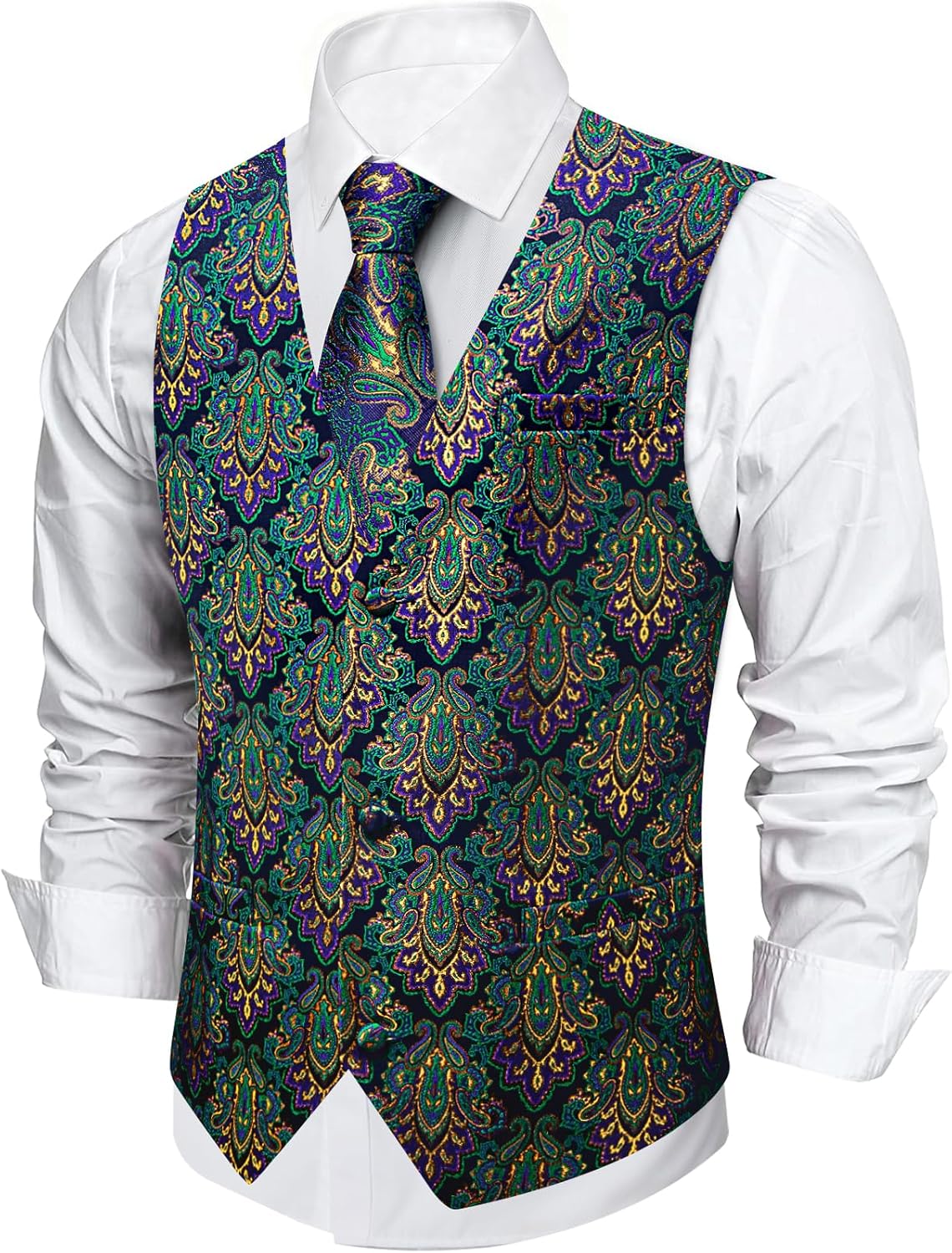 DiBanGu Mens Paisley Suit Vest Pre-tied Tie Set 7PCS Jacquard Silk Dress Waistcoat Bow Tie Lapel Pin Hanky for Wedding Party