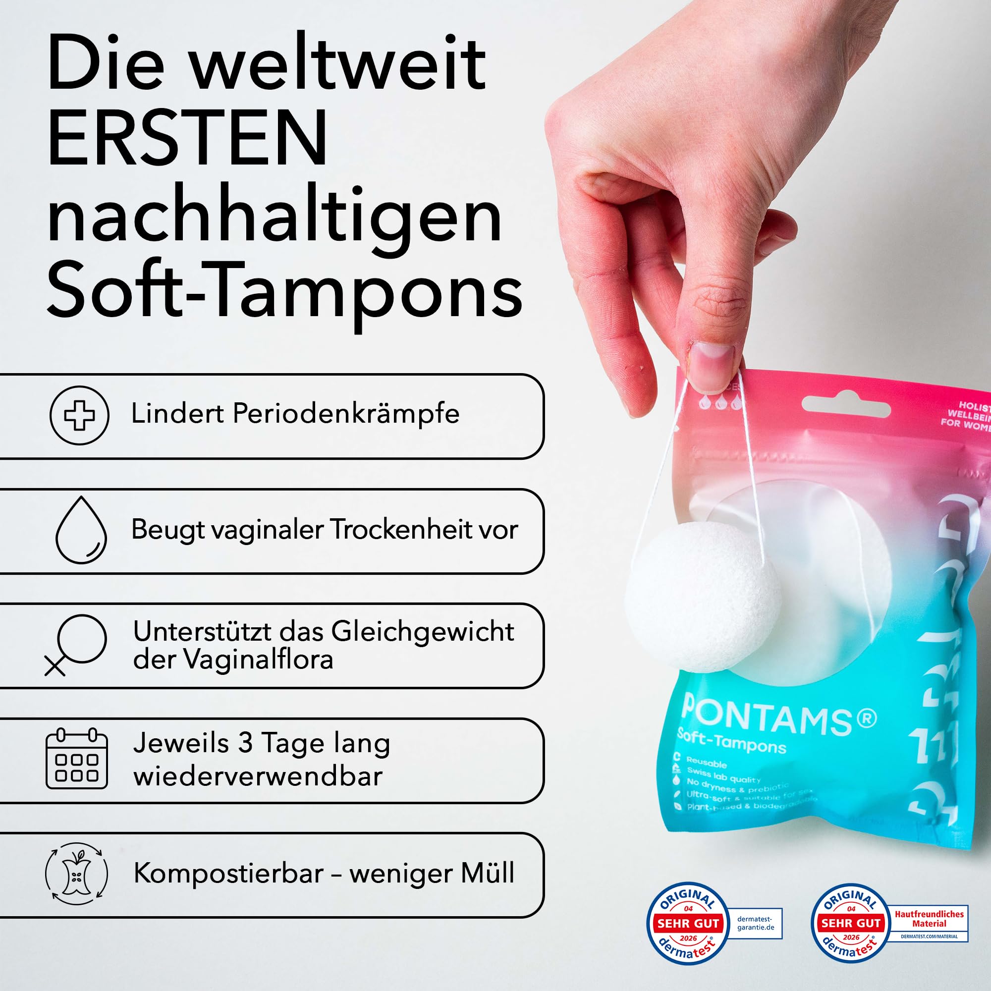 PERIOD PONTAMS Soft-Tampons für Frauen – 3 Tage wiederverwendbare und kompostierbare Tampons – Unterstützung des probiotischen Gleichgewichts – Ultraweich, auf pflanzlicher Basis, 12 Stück