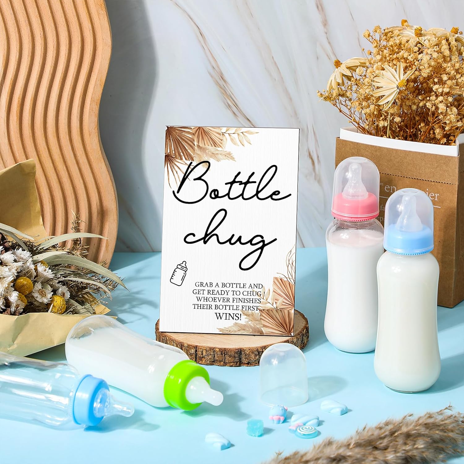 Roowest Bottle Chug Baby Shower Game Favors 12 Pcs Baby Shower Bottles Favor with 1 Wooden Sign for Gender Reveal Party Supplies Gifts(Boho)