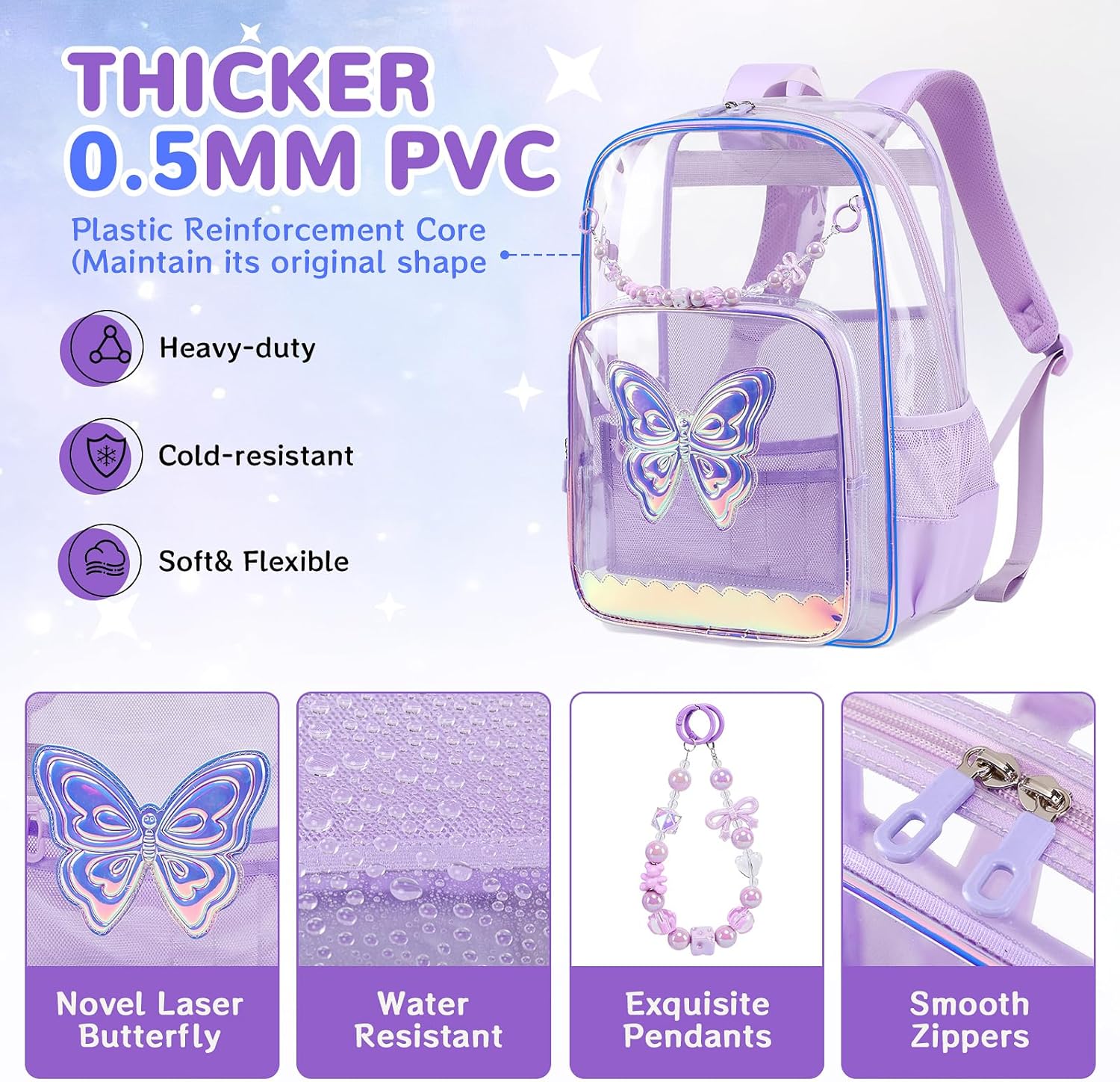 MUSEVOS Clear Backpack, Clear Bookbag for School PVC Heavy Duty Transparent Backpack for Girls, Purple Butterfly