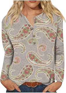 Womens Tops Fall Trendy Print Button Down Henley Comfy Fit Top Shirts Casual Plus Size Long Sleeve Pullover Blouse Crop Tops for Women