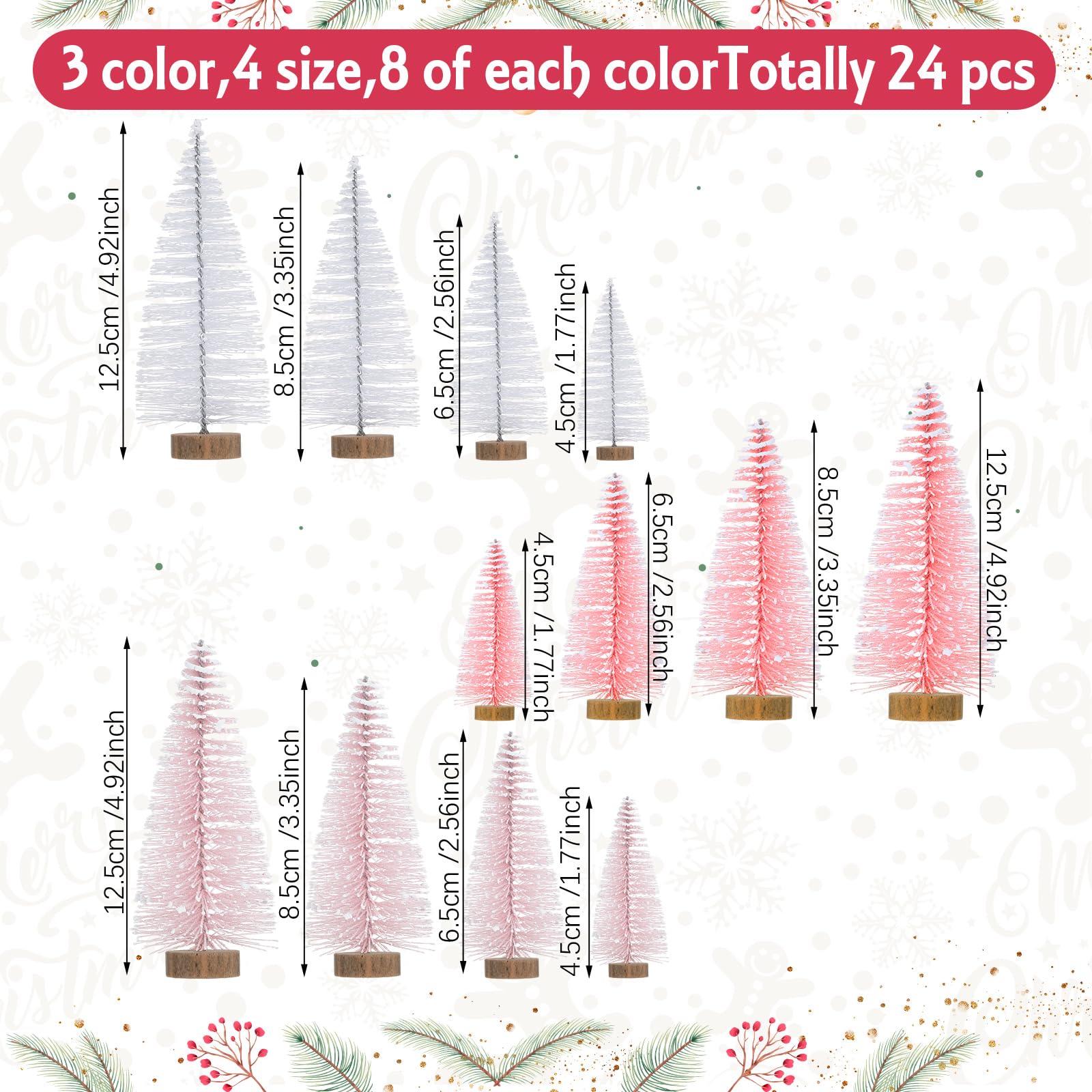 Leyndo 24 mini árbol de Navidad artificial rosa y blanco con base de madera, decoración de Navidad para mesa de Navidad, adornos de invierno, hogar, cocina, manualidades, 24 unidades
