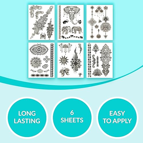 Miniatura 3 de Terra Tattoos Hojas de tatuajes negros con diseños de mariposas, flores, henna, elefantes y mucho más. Tatuajes faciales para mujeres, impermeables,