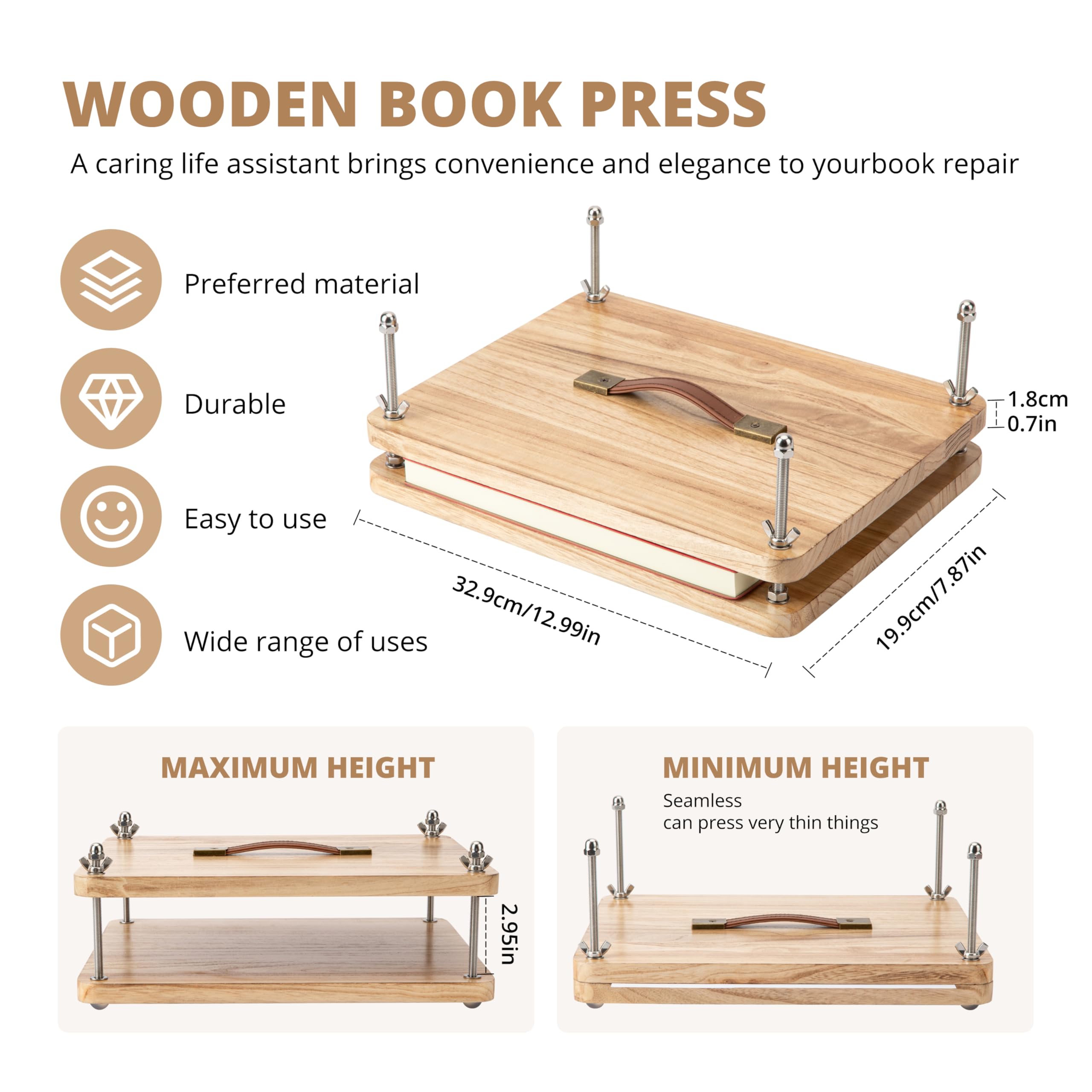 FUXAFU Buchbinde-Set, 38,1 x 29 cm, Holzbuchpresse, Buchbindematerialien, mit Knochenfalzer, Ahle, Nadeln für DIY-Buchbindung, Buchreparatur, Handarbeit, 50 Stück