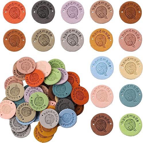 45 etiquetas de cuero hechas a mano de microfibra, coloridas etiquetas de cuero en relieve, hechas a mano con amor, etiquetas de costura para