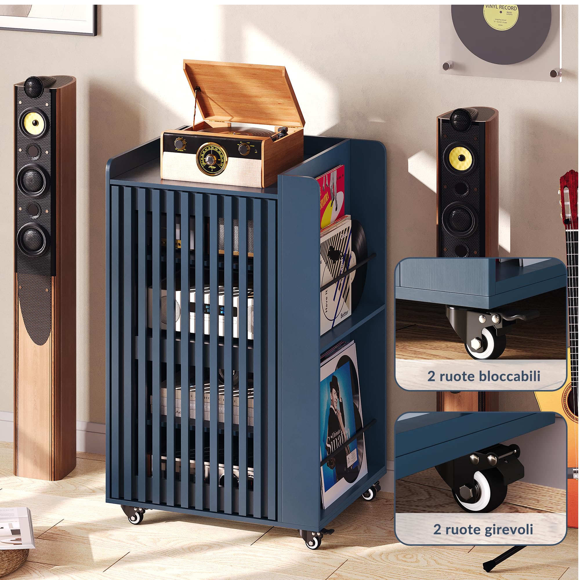 Supporto per giradischi con vano per vinili, mobile porta stereo con anta a doghe e ripiani regolabili, mobiletto porta giradischi in legno con ruote e sistema di gestione dei cavi per il soggiorno.